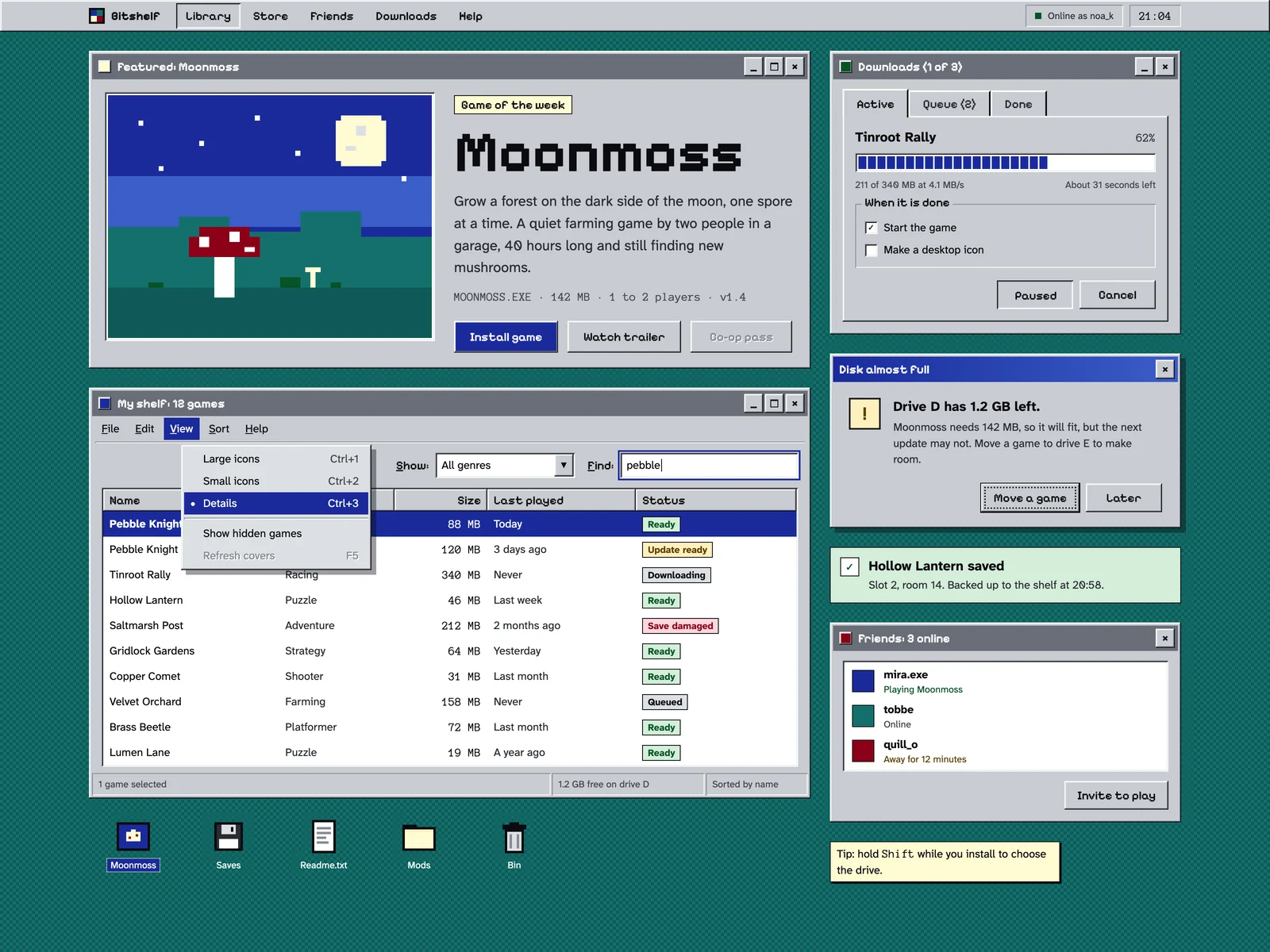 Retro 90s: desktop software from the mid-90s, redrawn: bevelled grey, title bars, a teal desktop and pixel type.