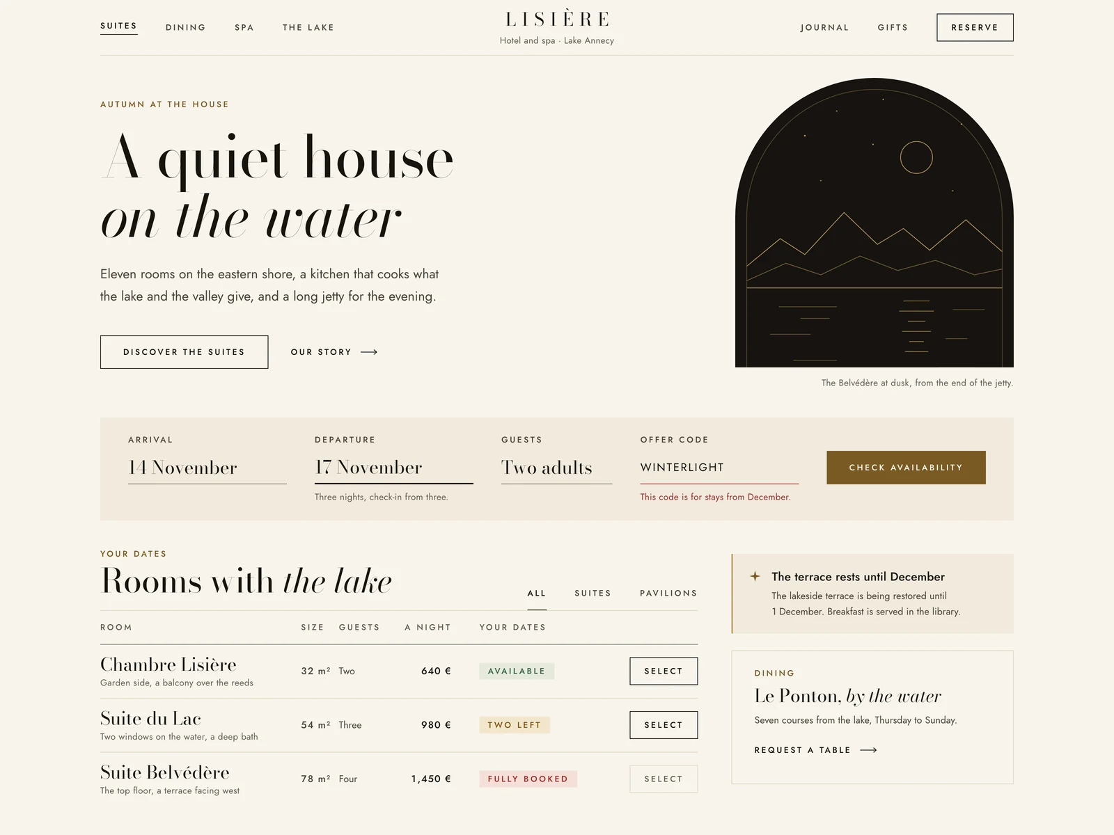 Luxury Serif: a grand house in print: ivory and near-black, a bronze-gold accent, a high-contrast serif and room to breathe.
