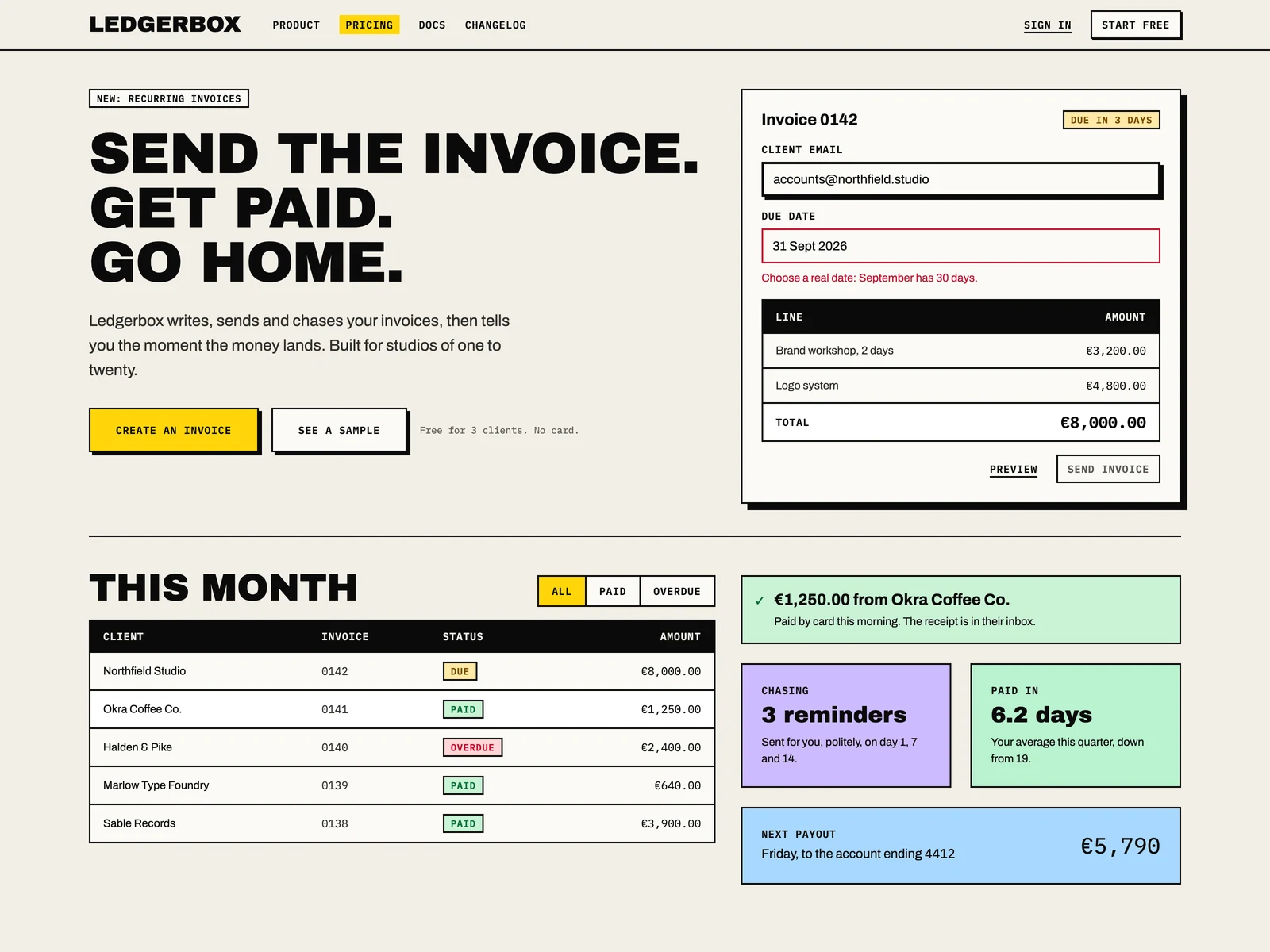 Brutalist SaaS: square, loud and honest software: black rules, hard shadows, one yellow.