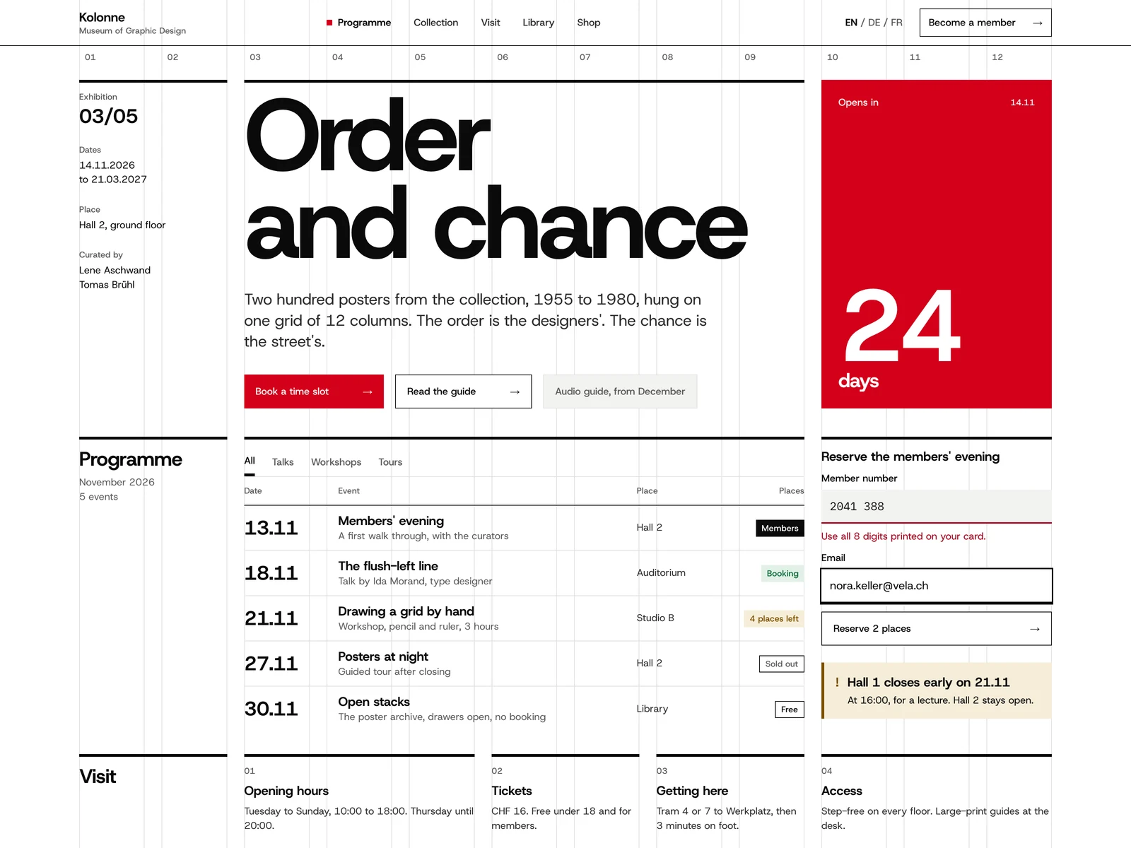 Swiss Grid: the International Typographic Style on a screen: a visible grid, one grotesque, black, white and one red.