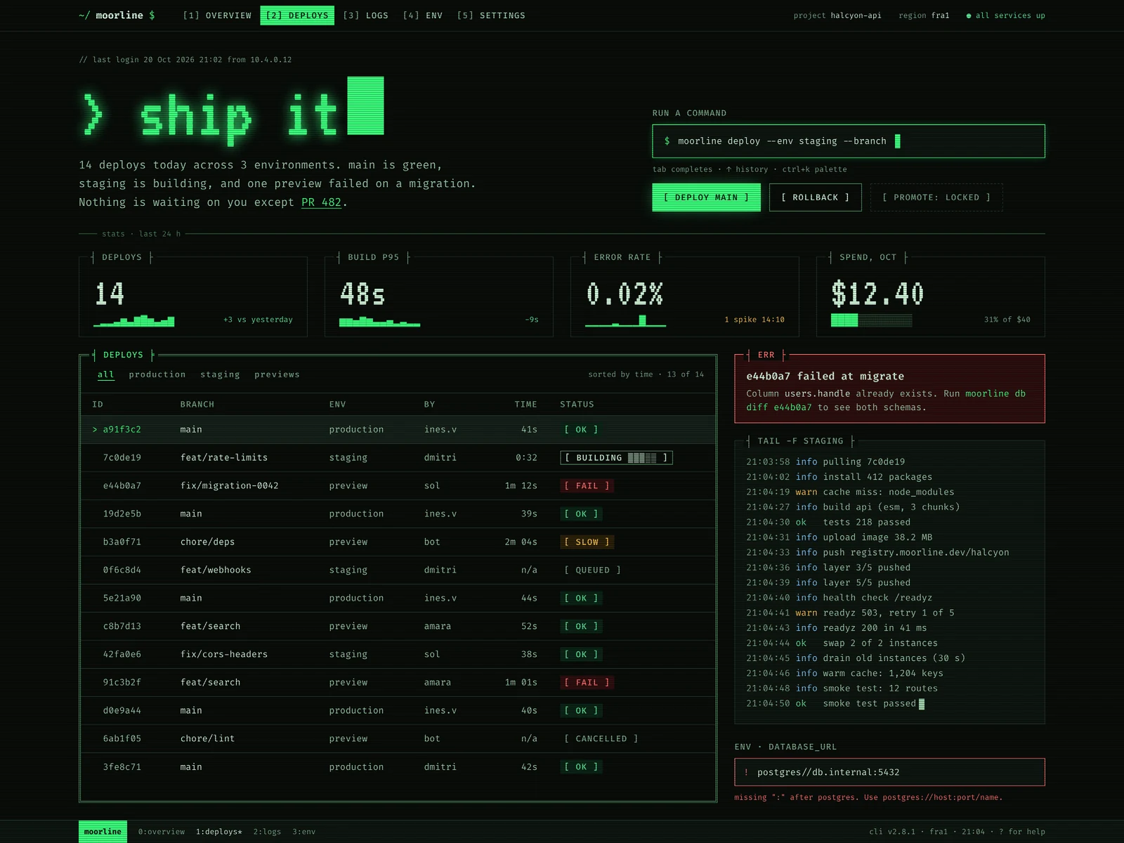 Terminal: a phosphor screen at 2 a.m.: monospace everything, green on near-black, box-drawn panels and a blinking caret.