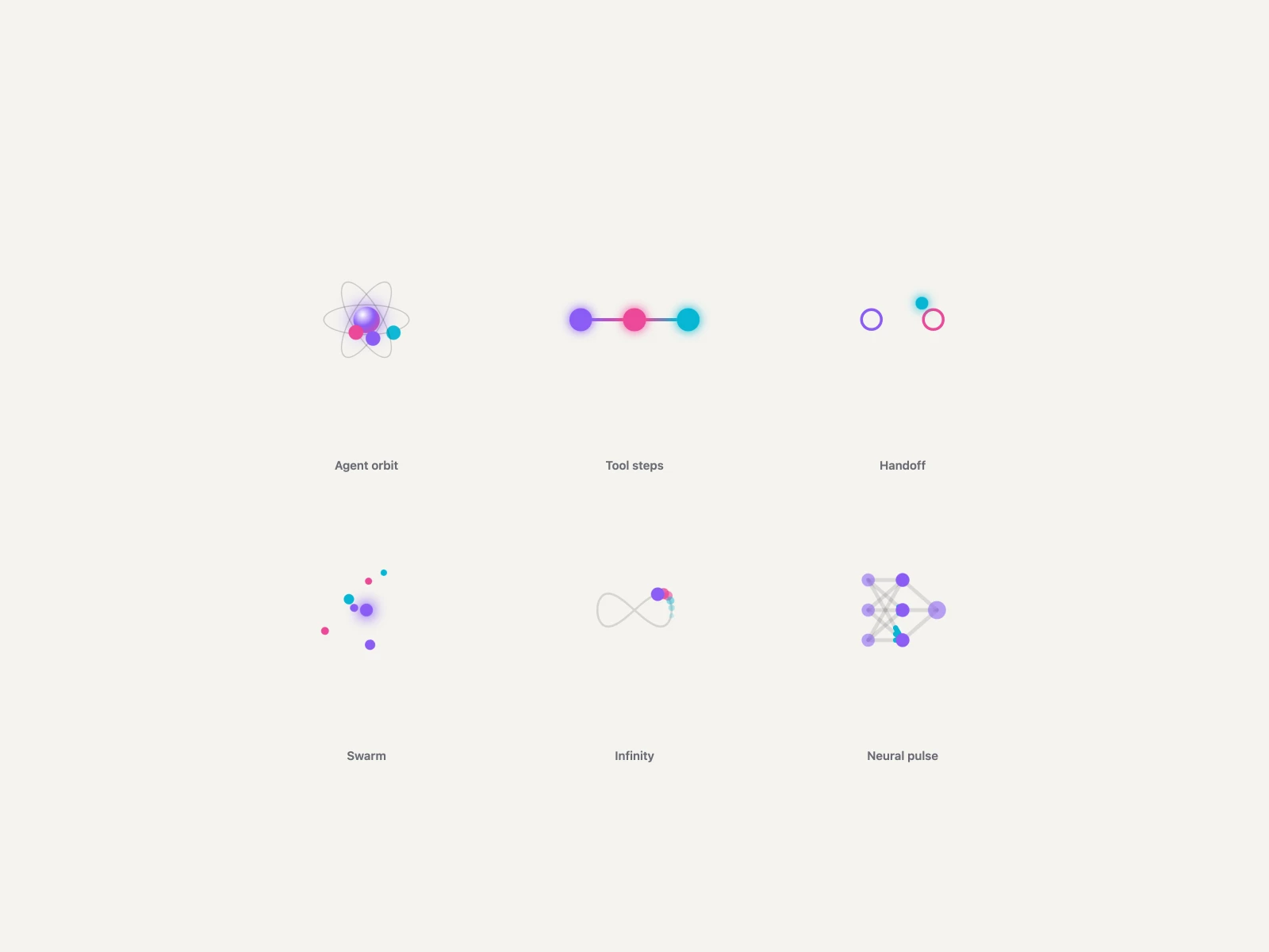 Agent orbit, Tool steps, Handoff, Swarm, Infinity, Neural pulse, on a light ground