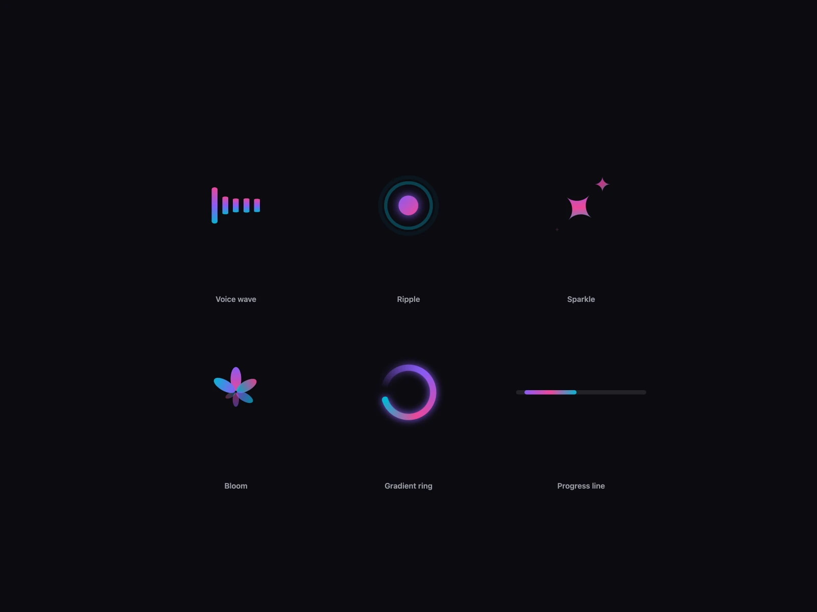 Voice wave, Ripple, Sparkle, Bloom, Gradient ring, Progress line, on a dark ground