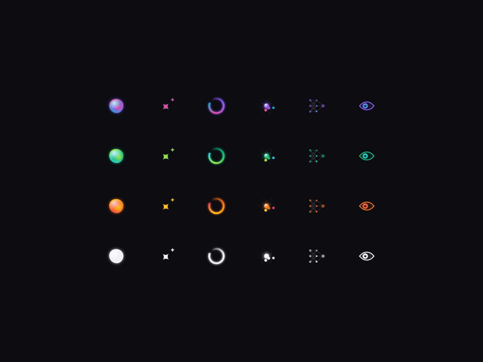 Voice orb, Sparkle, Gradient ring, Agent orbit, Neural pulse, Vision in four colour sets, set by three CSS variables