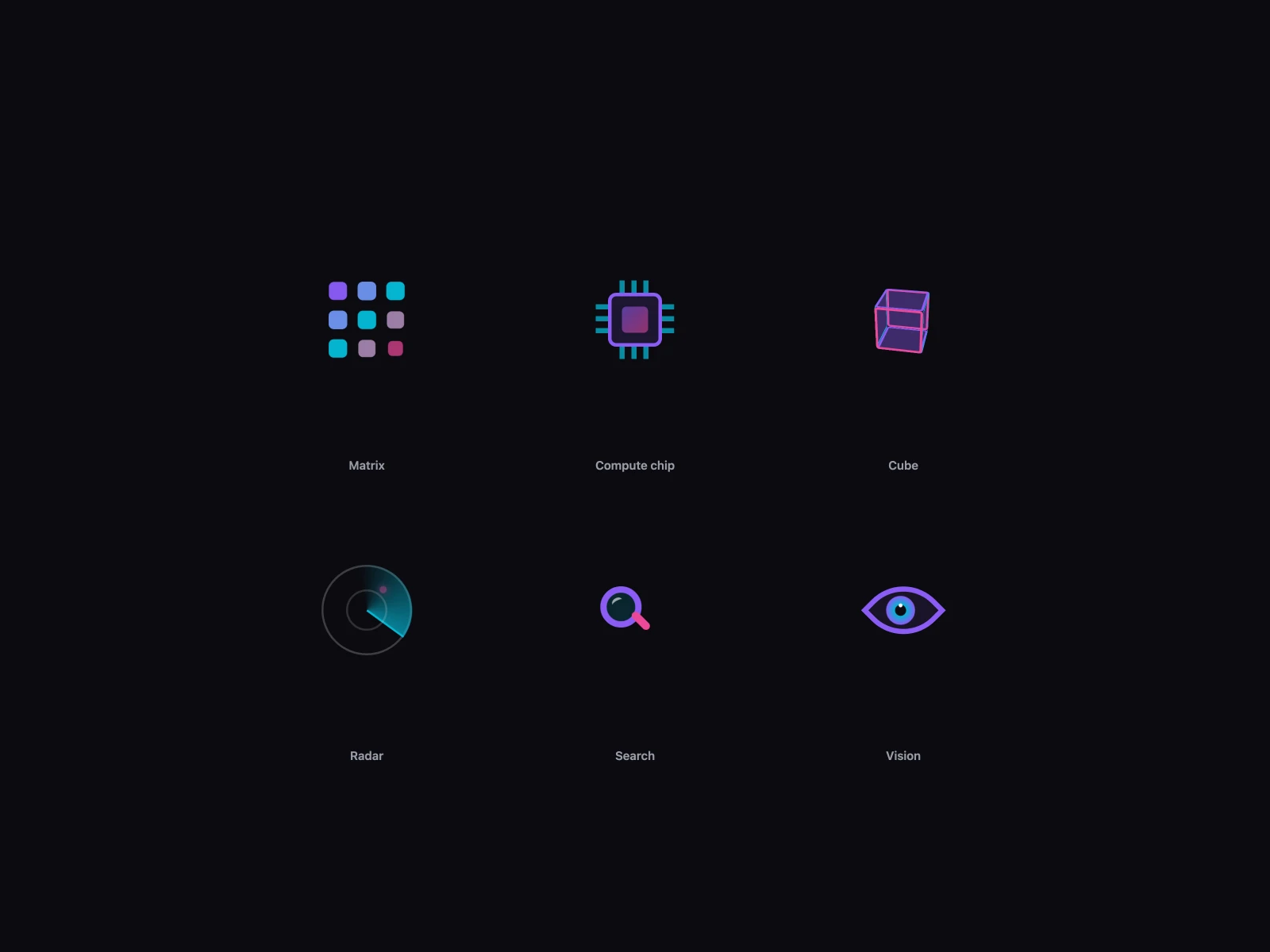 Matrix, Compute chip, Cube, Radar, Search, Vision, on a dark ground