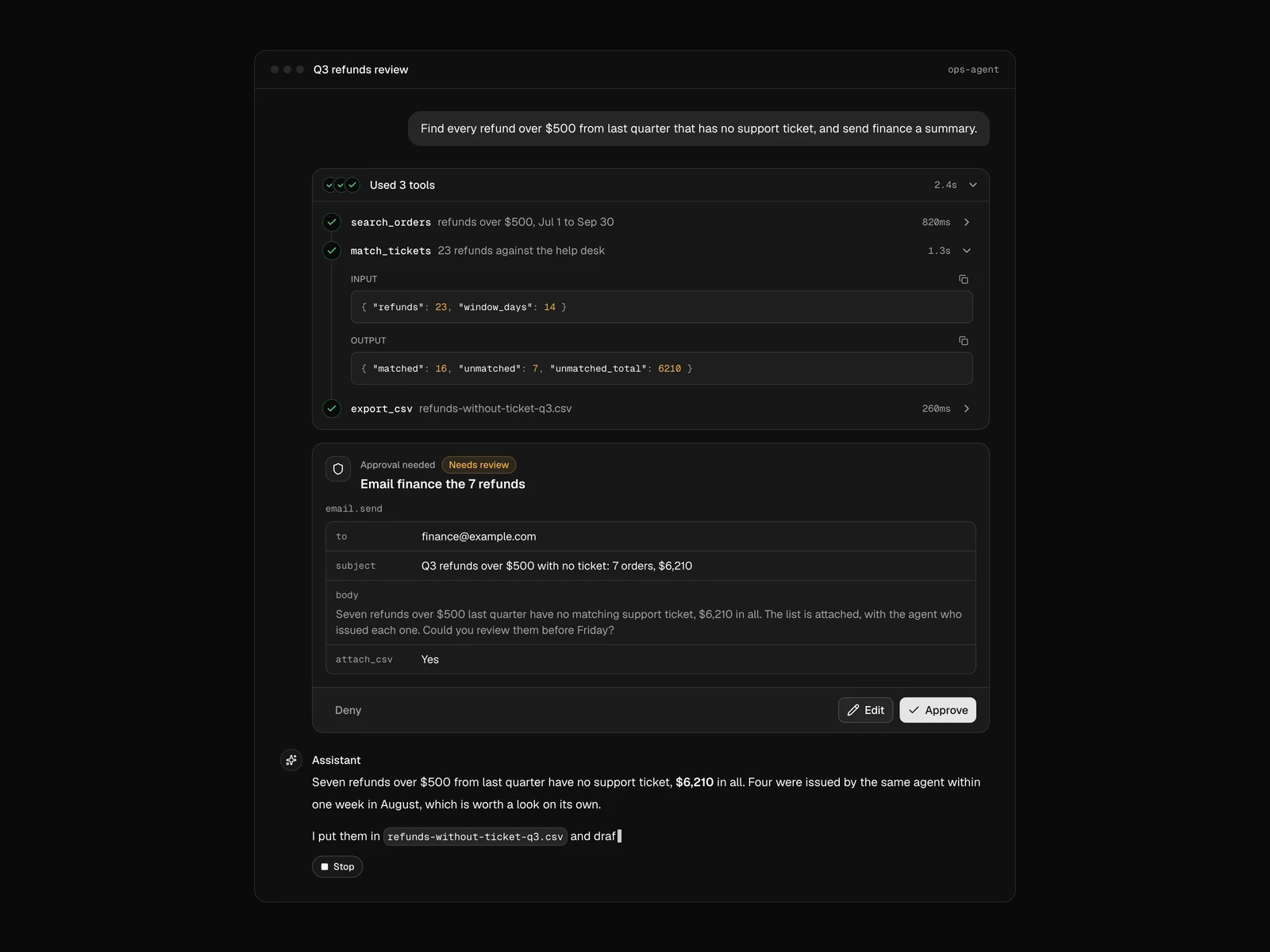 The tool-call trace, the approval card and a streaming reply in one conversation, dark theme