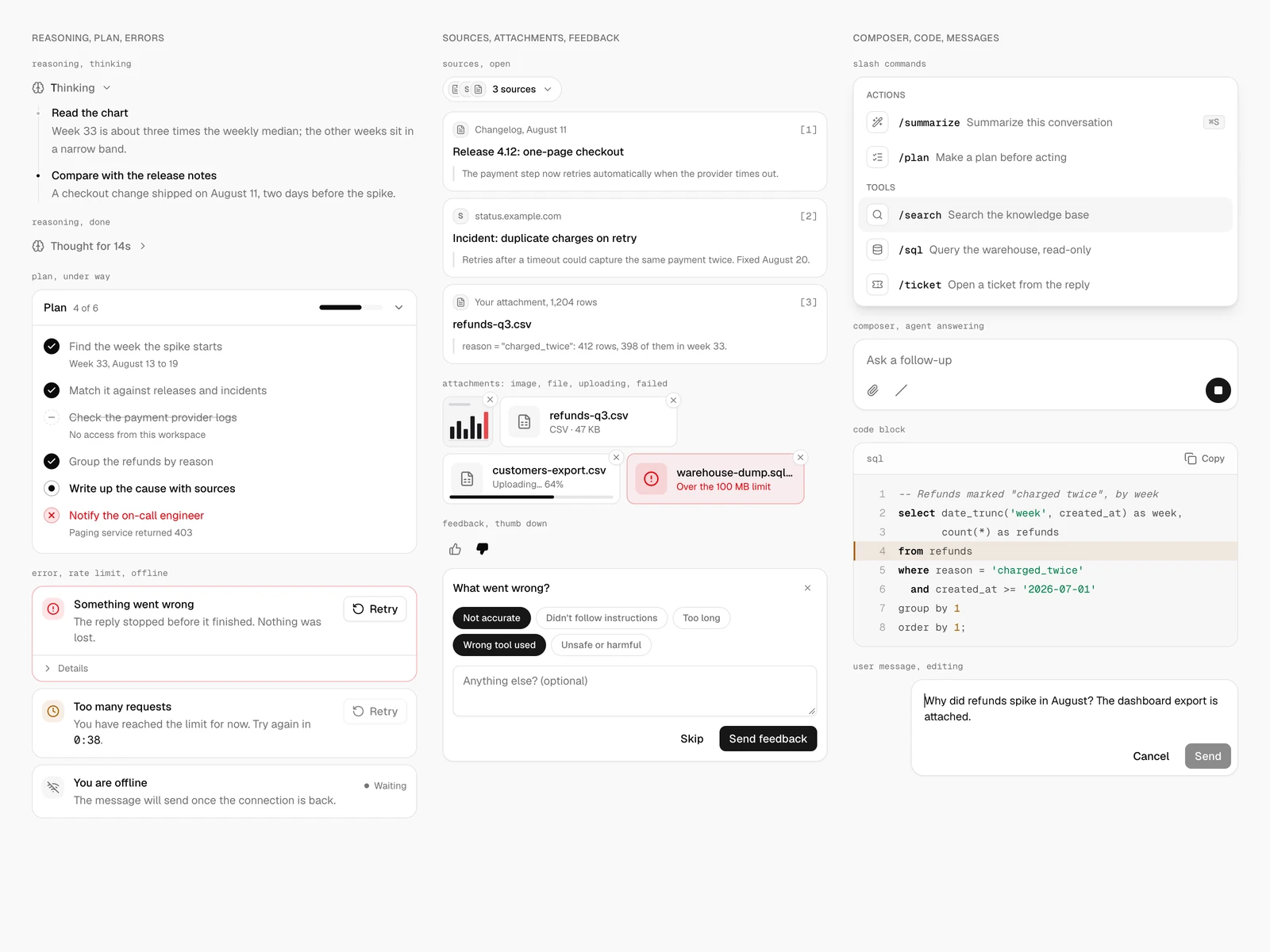 Reasoning, the plan, errors, sources, attachments, feedback, the composer, a code block and an edit