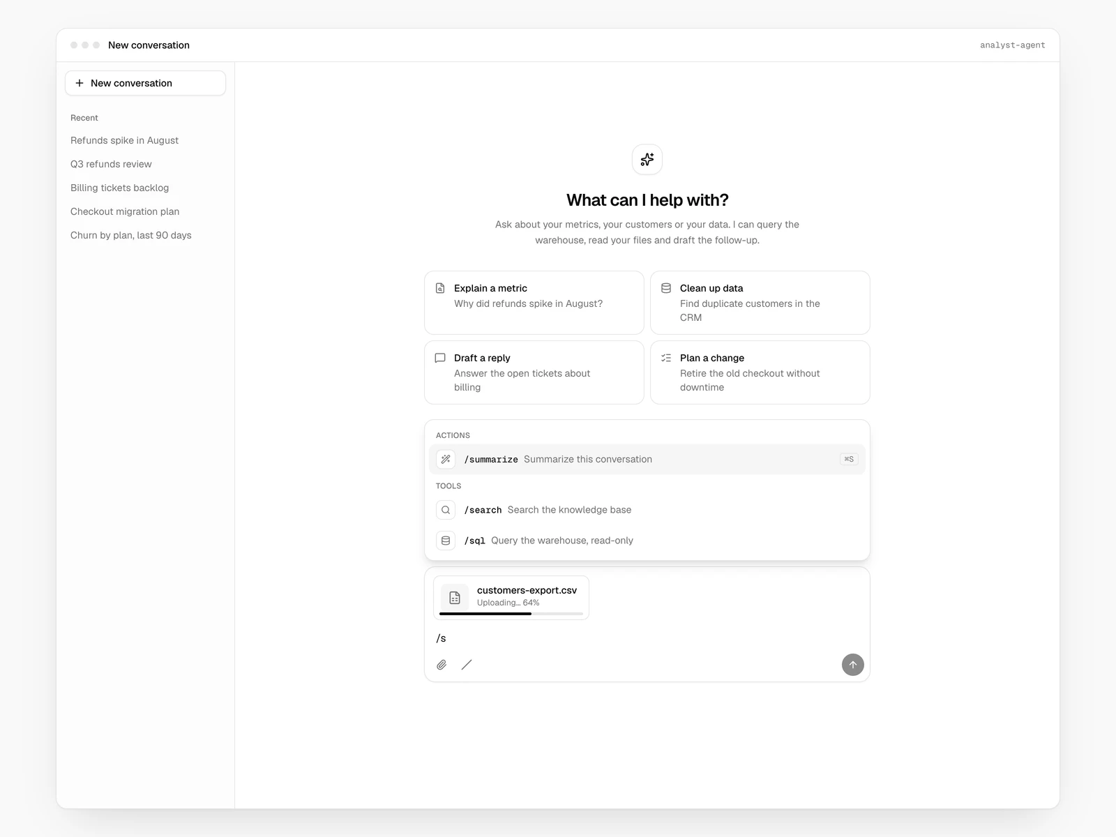 A new conversation: the empty state with suggestions, the slash-command menu and an upload in progress