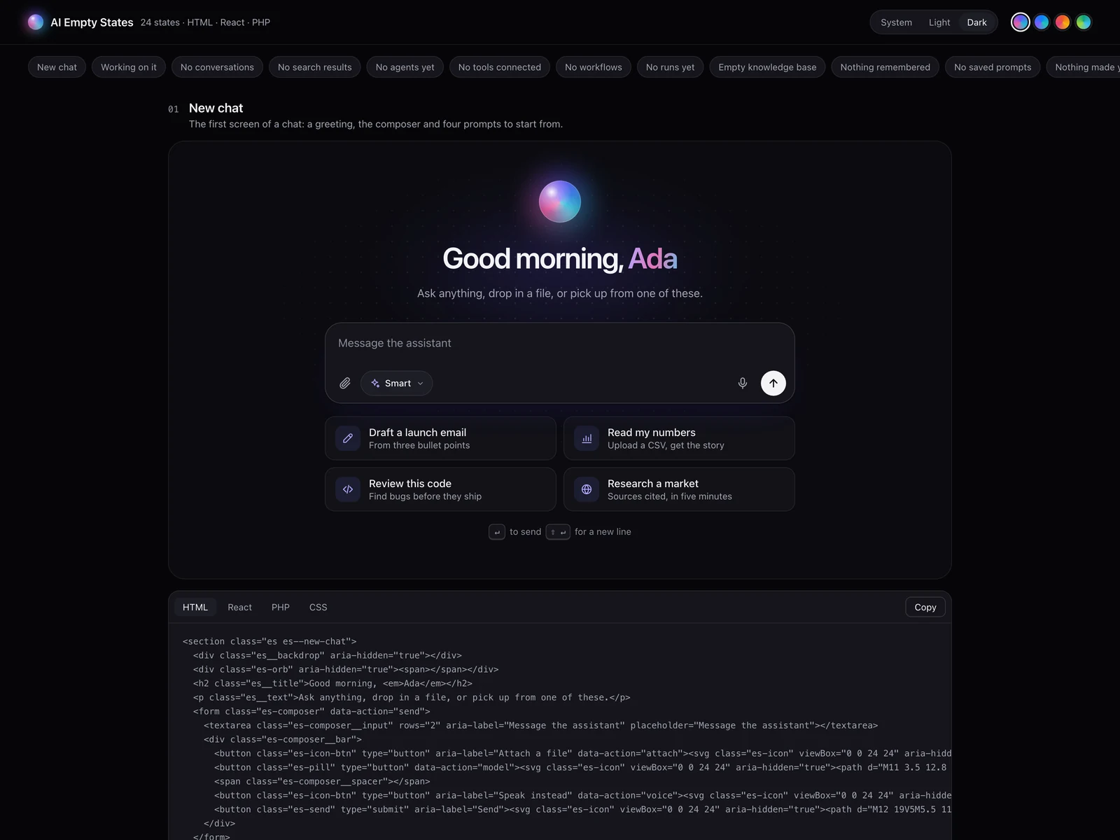 The gallery page: each state with its HTML, React, PHP and CSS and a Copy button