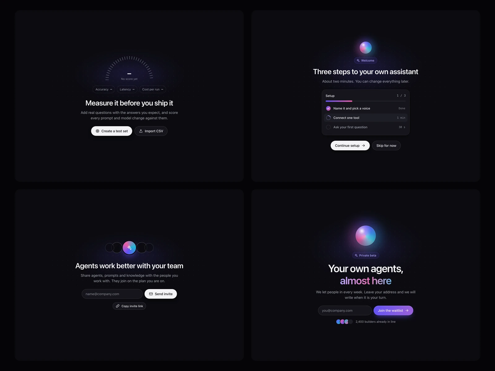 No evaluations, Welcome checklist, Invite your team, Waitlist, dark theme
