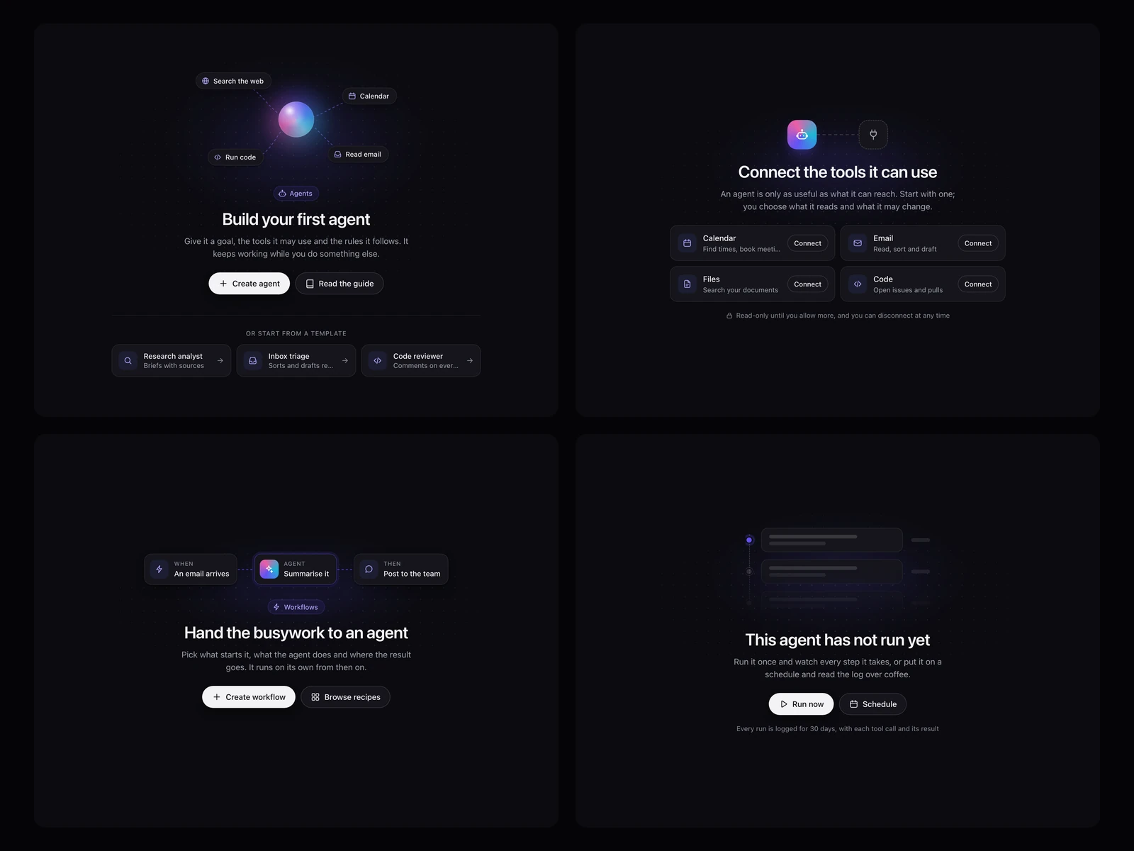 No agents yet, No tools connected, No workflows, No runs yet, dark theme