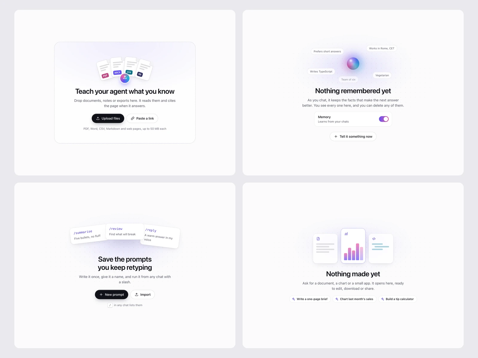Empty knowledge base, Nothing remembered, No saved prompts, Nothing made yet, light theme