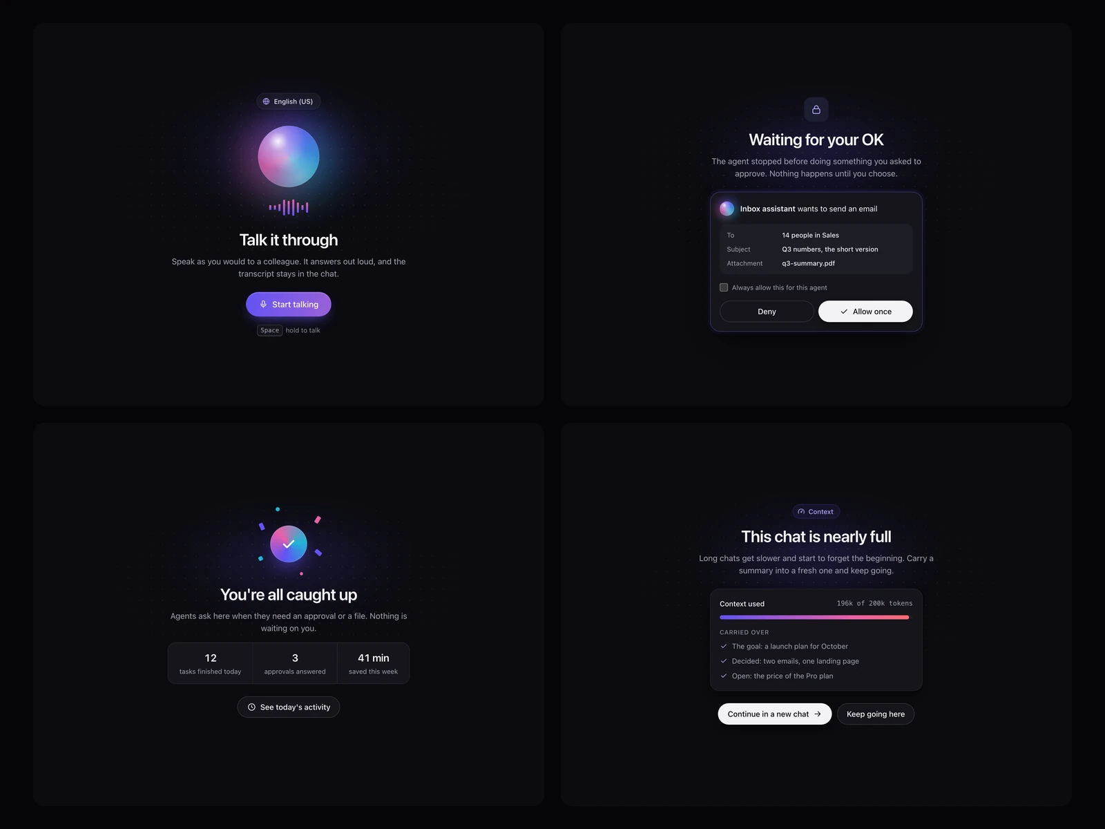 Voice mode, Waiting for approval, All caught up, Chat nearly full, dark theme