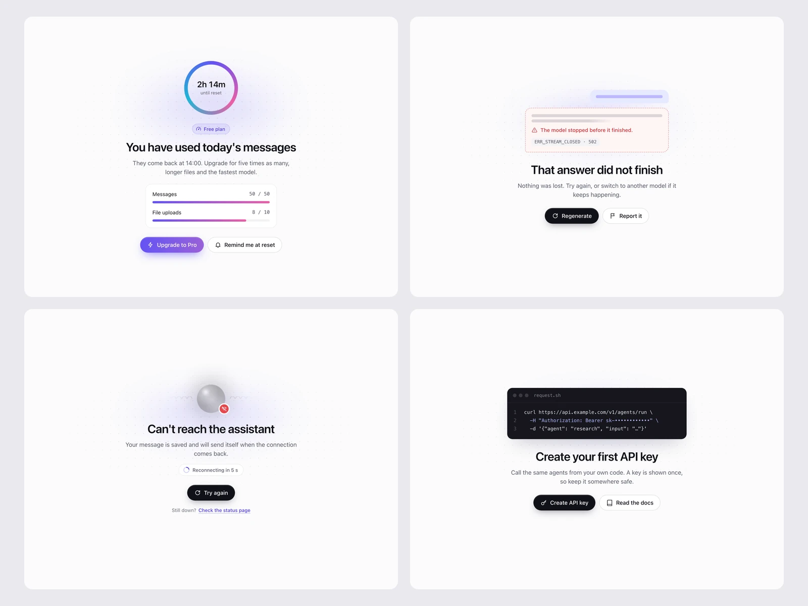 Limit reached, Answer failed, Connection lost, No API keys, light theme