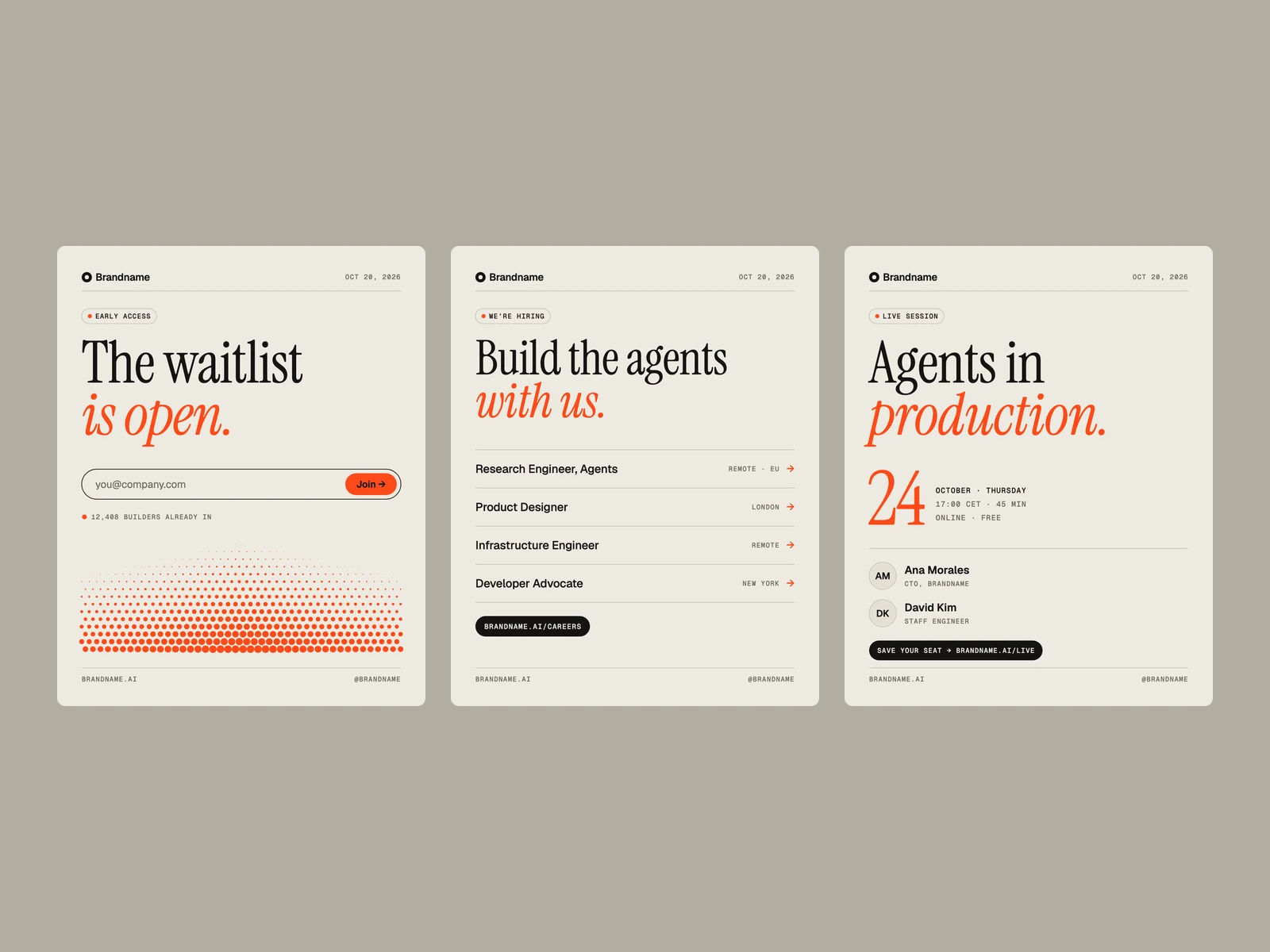 Waitlist, Hiring, Event: portrait posters on the paper ground