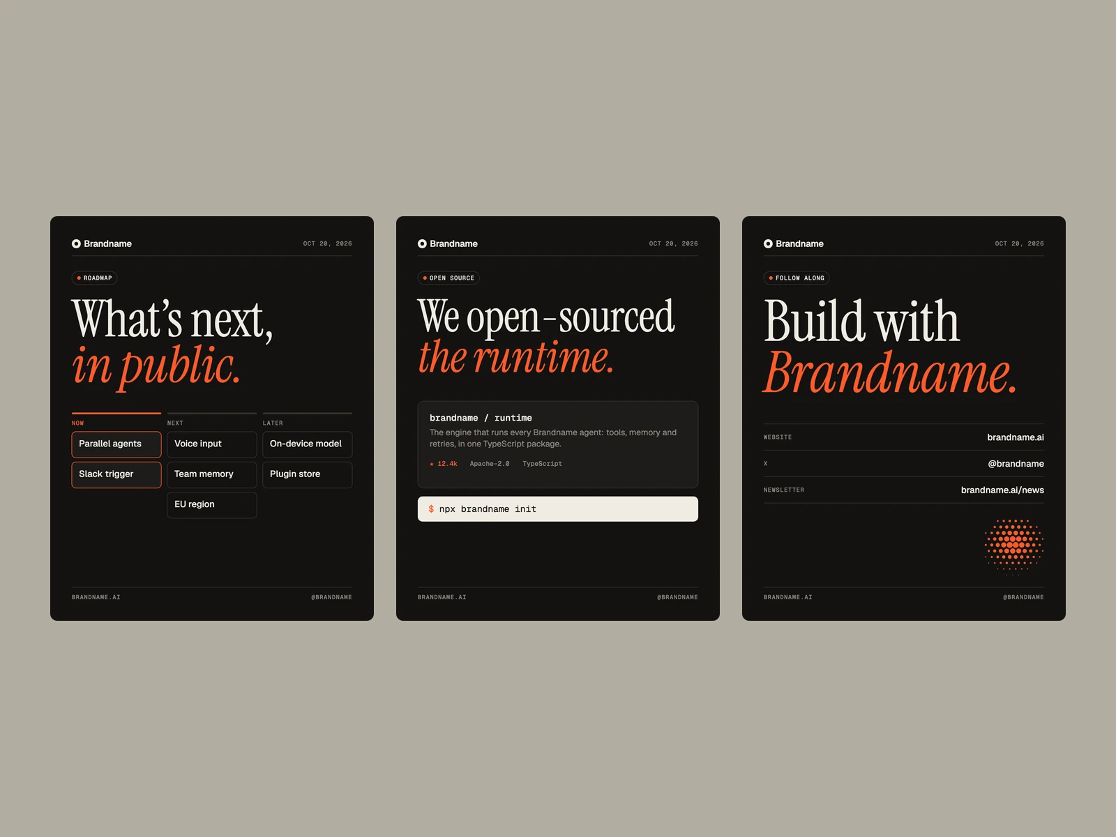 Roadmap, Open source, End card: portrait posters on the ink ground