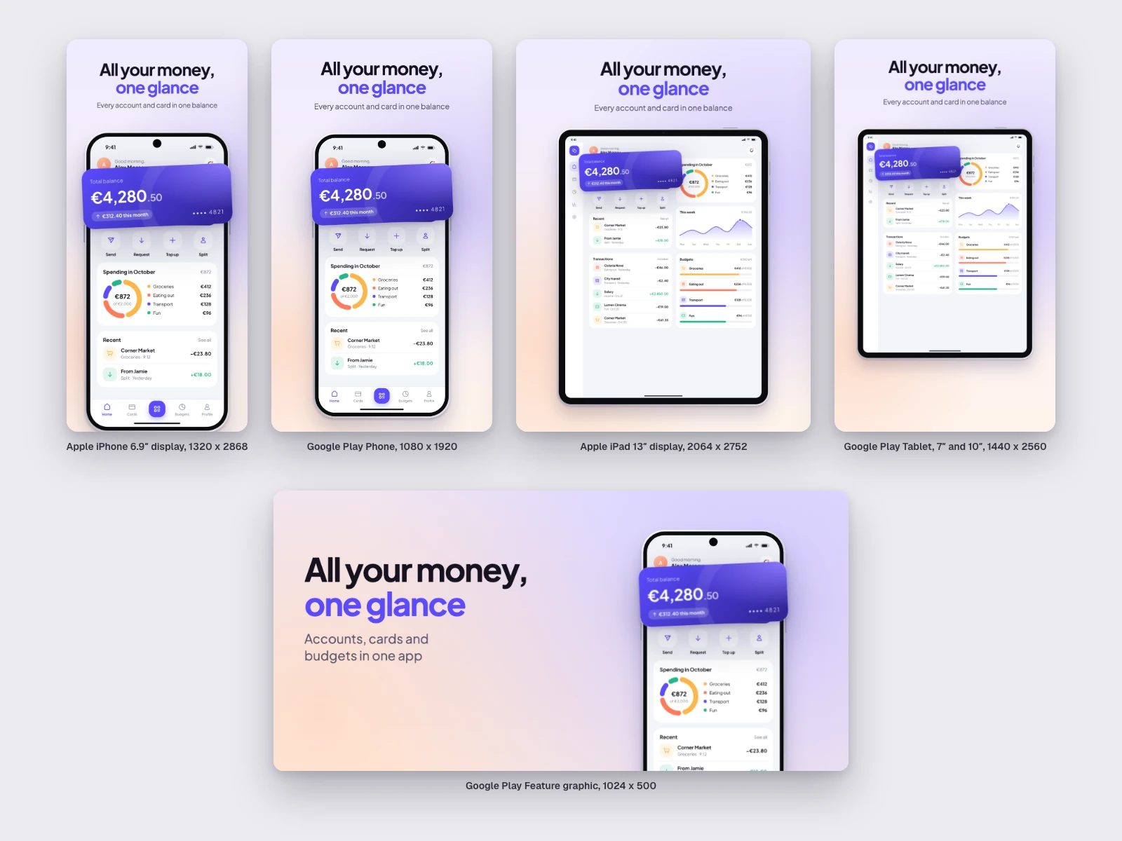 Lift at every size: iPhone 6.9", Google Play phone, 13" iPad, Google Play tablet and the Google Play feature graphic