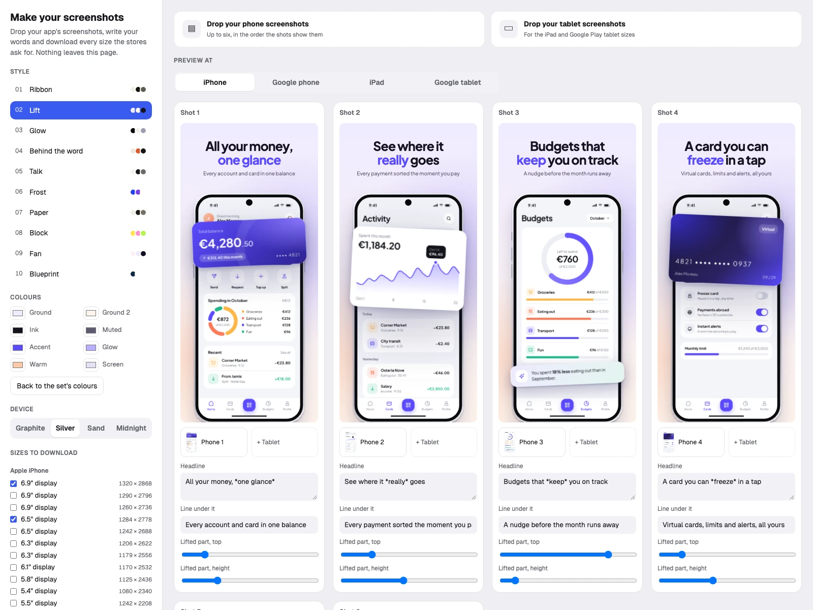 The page in the zip: drop your screenshots, type your words, choose the sizes and download every PNG the stores ask for, offline