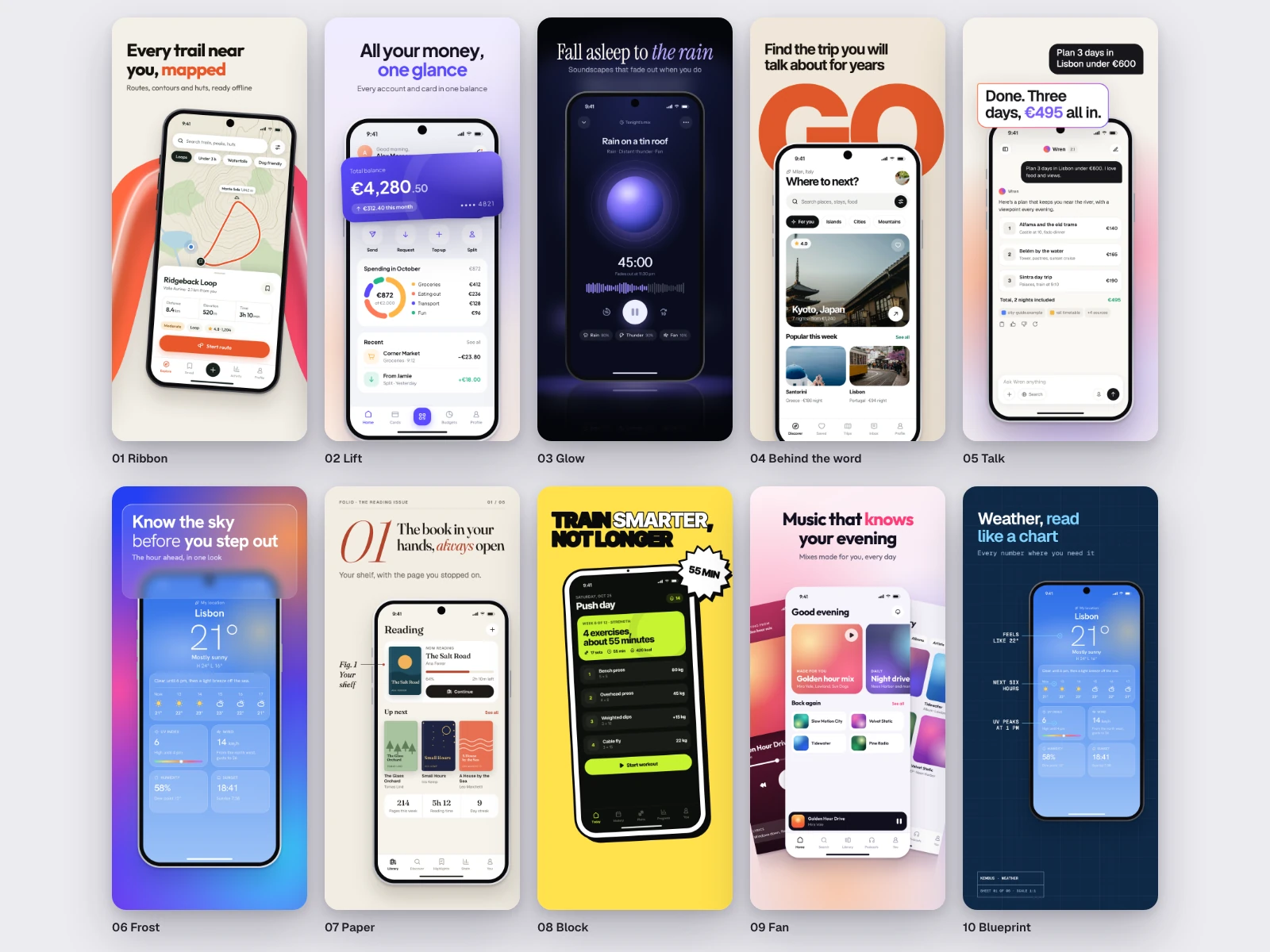 All 10 sets of App Store screenshots, the first shot of each: Ribbon, Lift, Glow, Behind the word, Talk, Frost, Paper, Block, Fan, Blueprint
