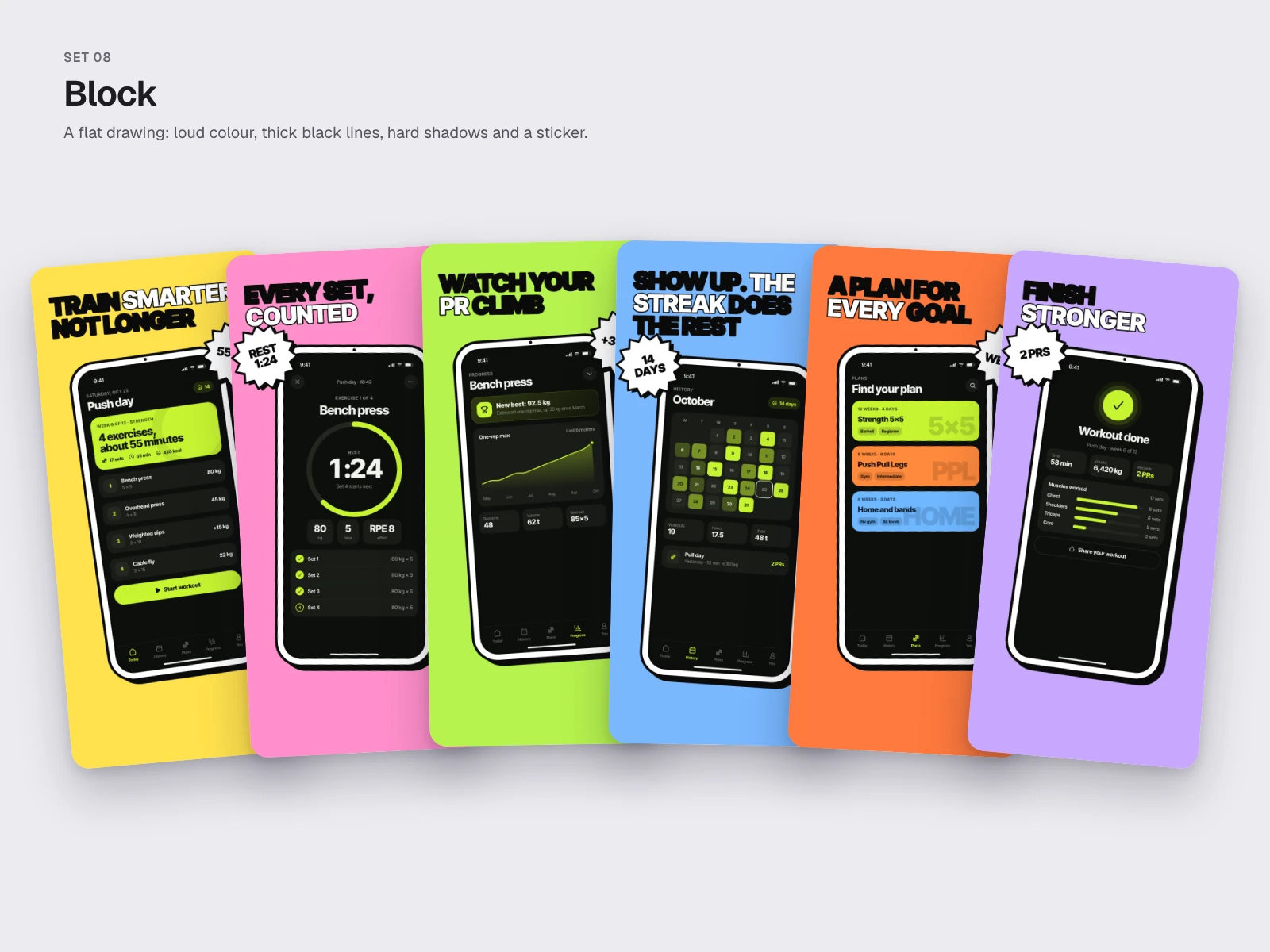 Block: A flat drawing: loud colour, thick black lines, hard shadows and a sticker. Its six shots in a row.