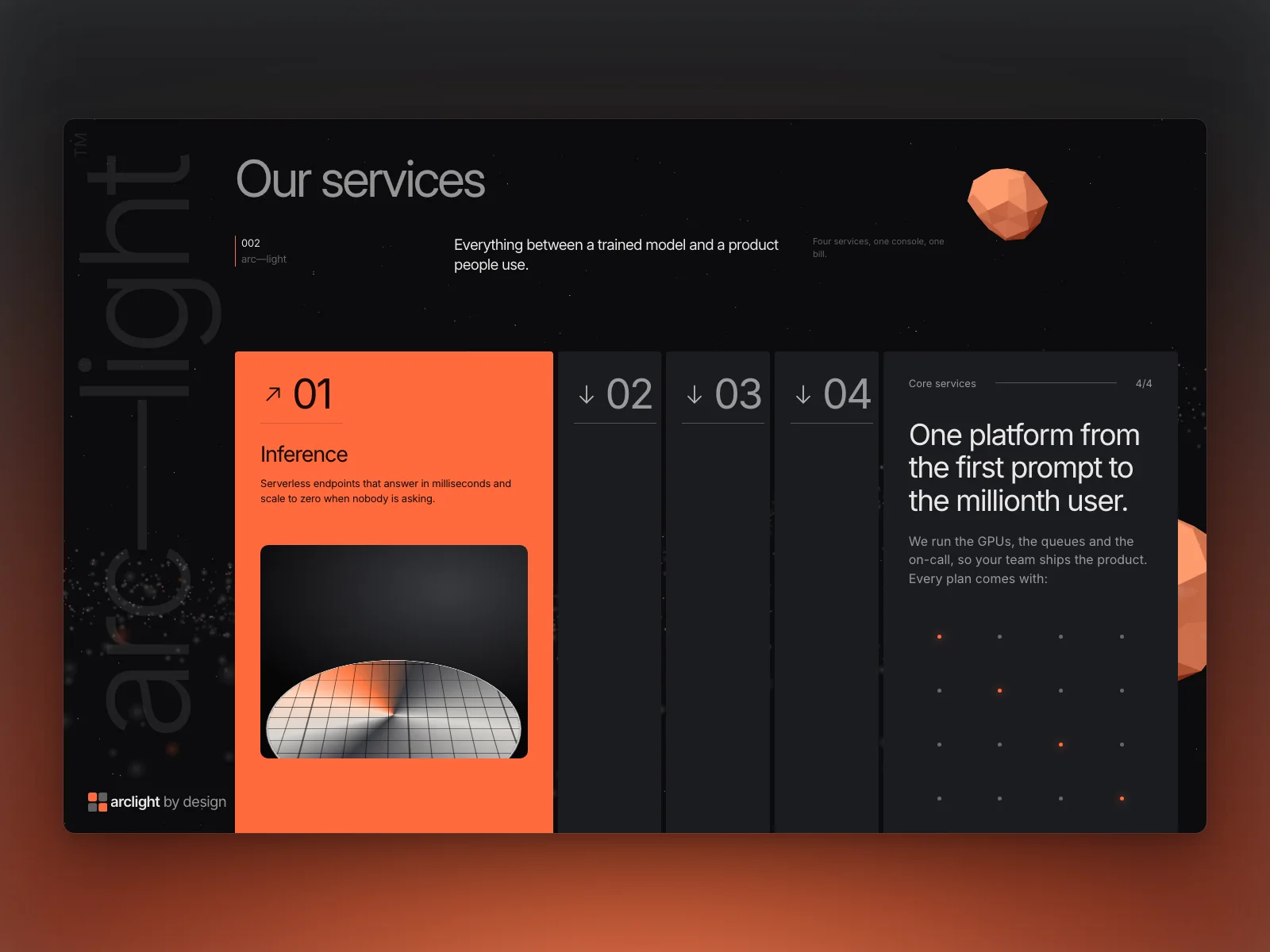 Services: four panels that open sideways, the first one open in the accent