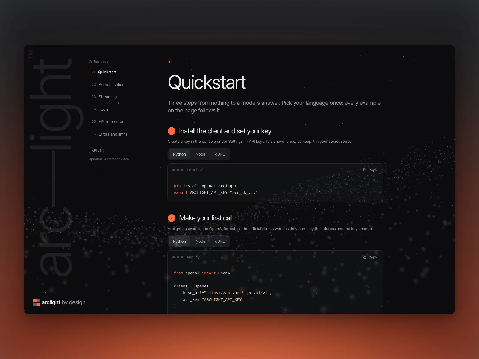 The docs: the quickstart in Python, Node and cURL