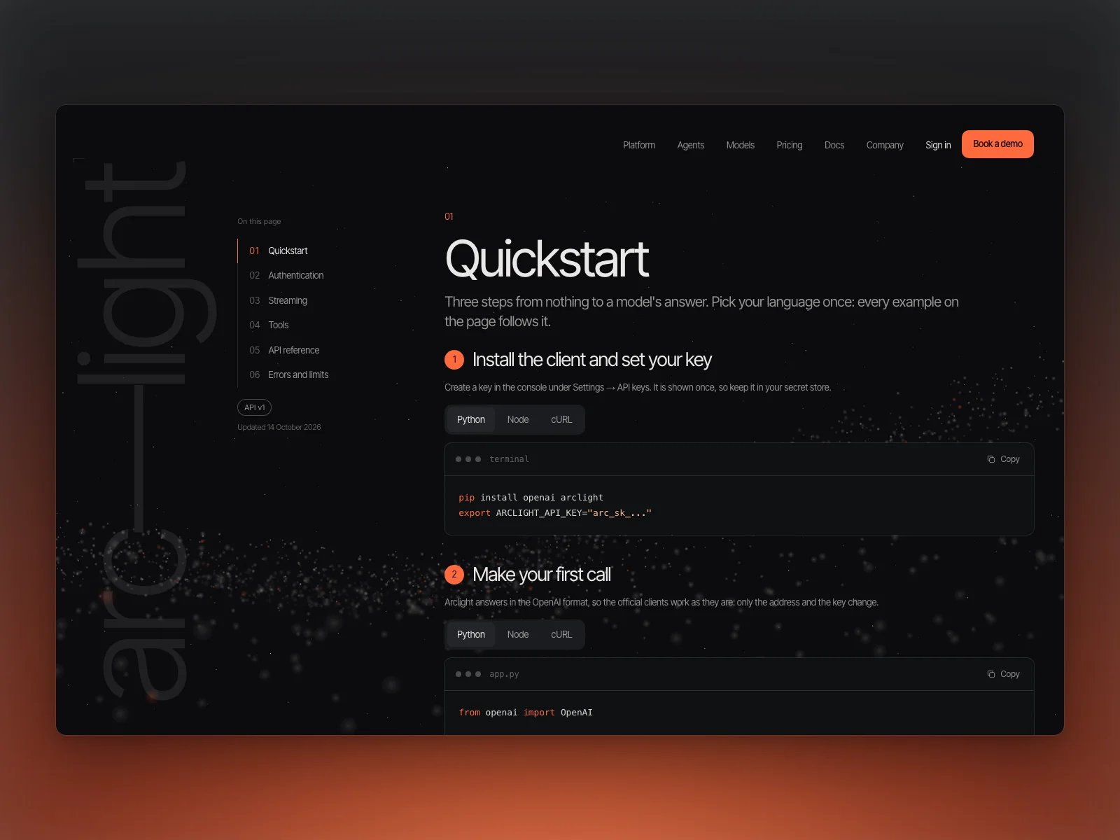 The docs: the quickstart in Python, Node and cURL
