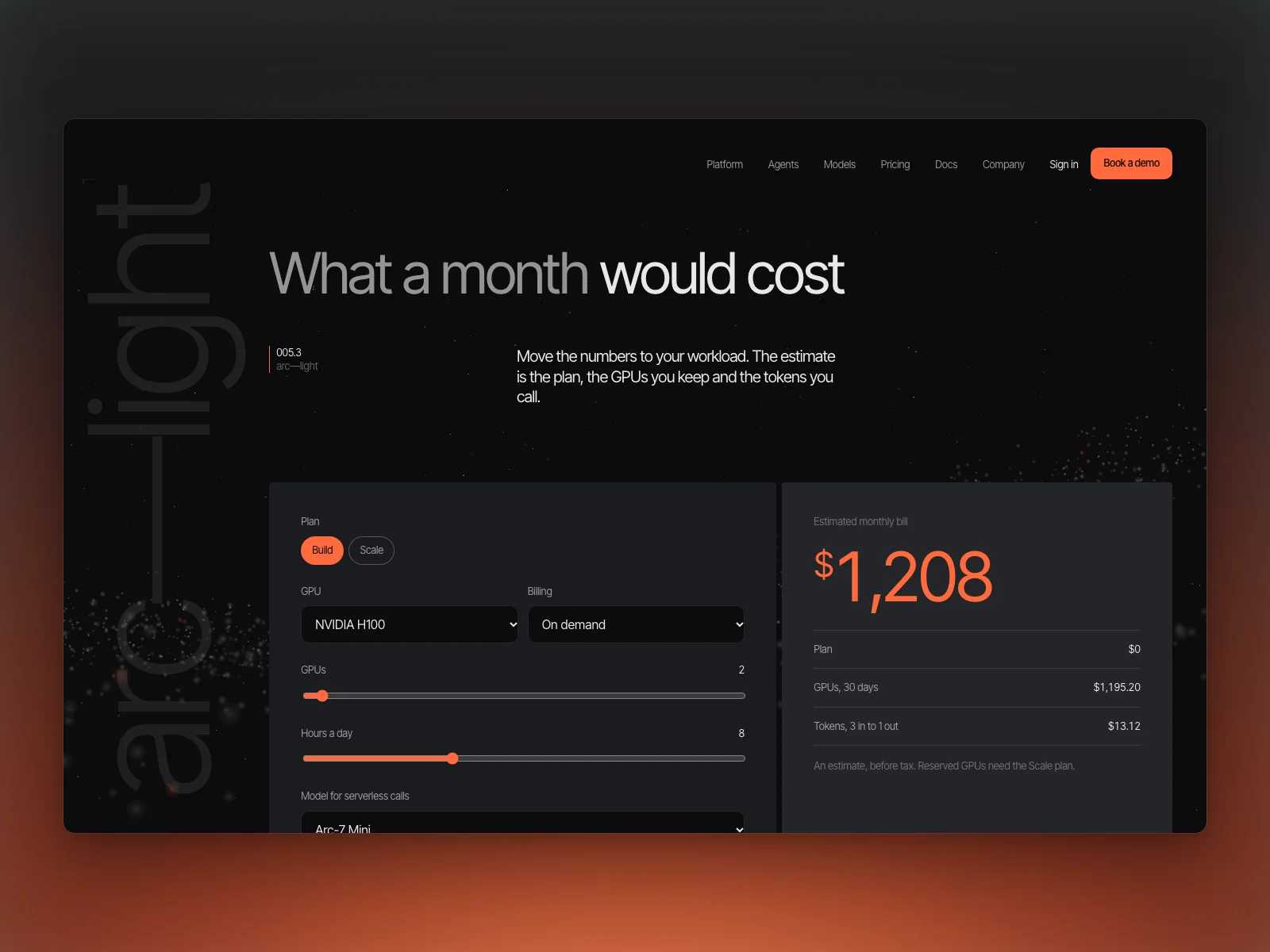 Pricing: the cost calculator beside the monthly estimate
