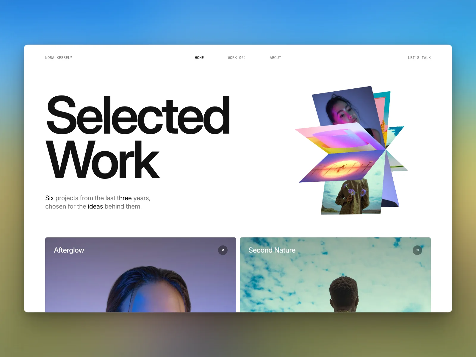 Home: Selected Work in large type beside a rolodex of project covers