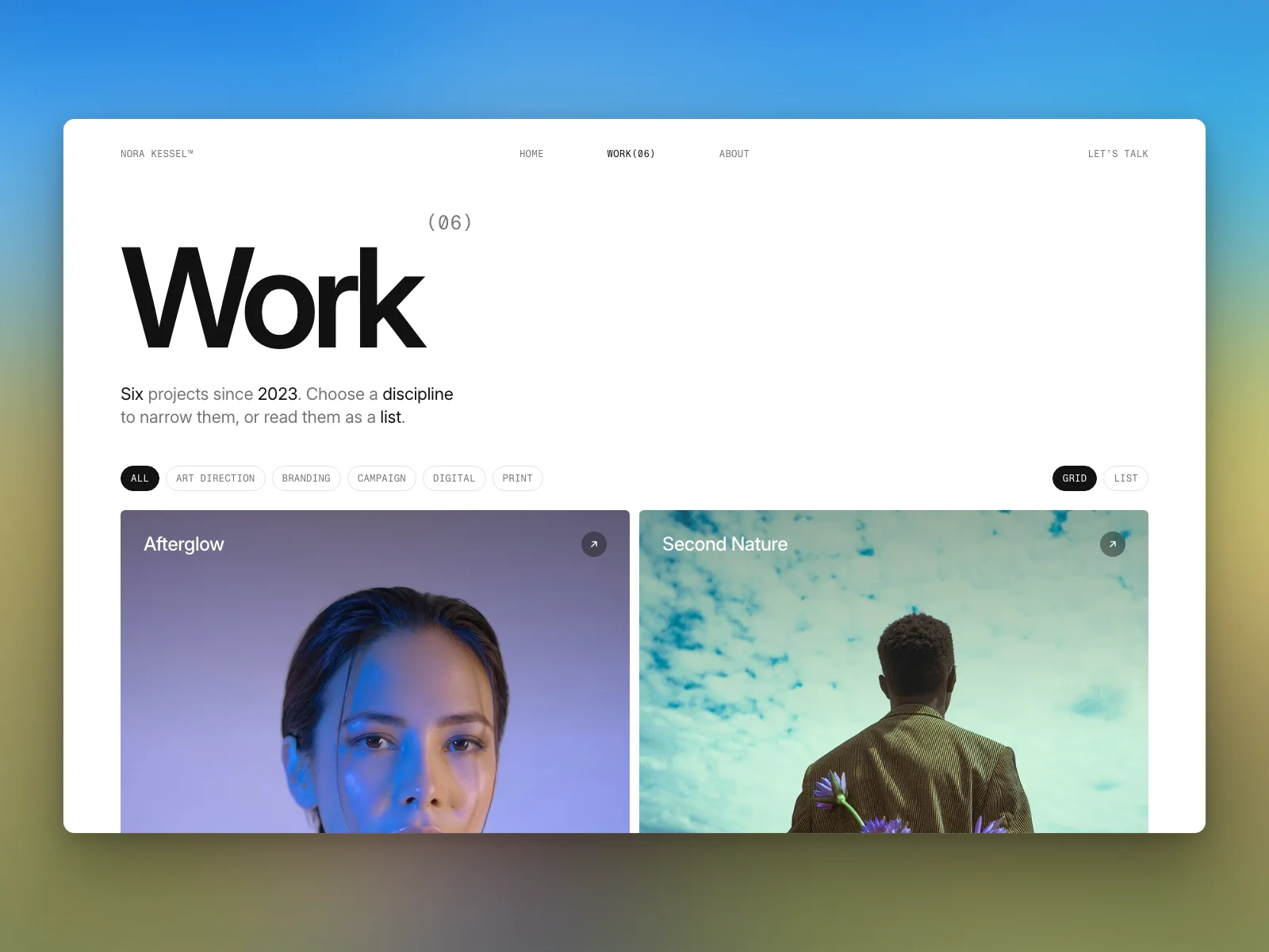 Work: filters by discipline and the projects as cards