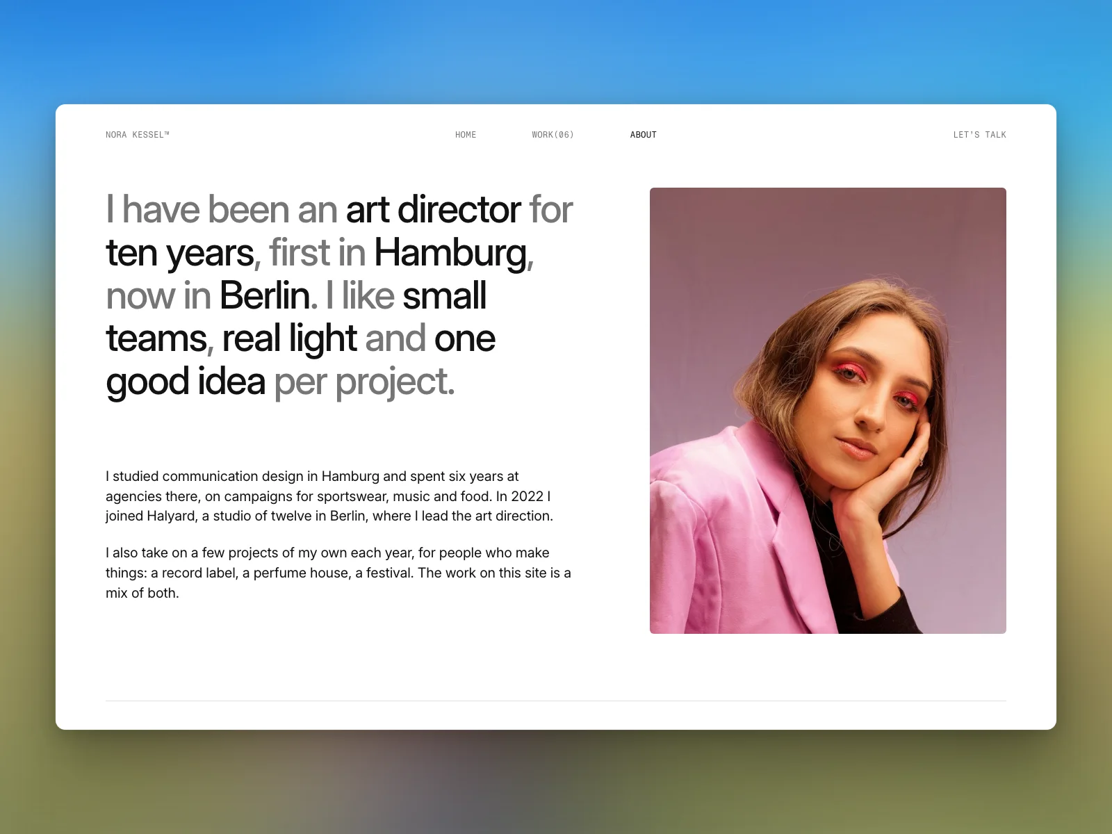 About: a paragraph in two tones beside the portrait