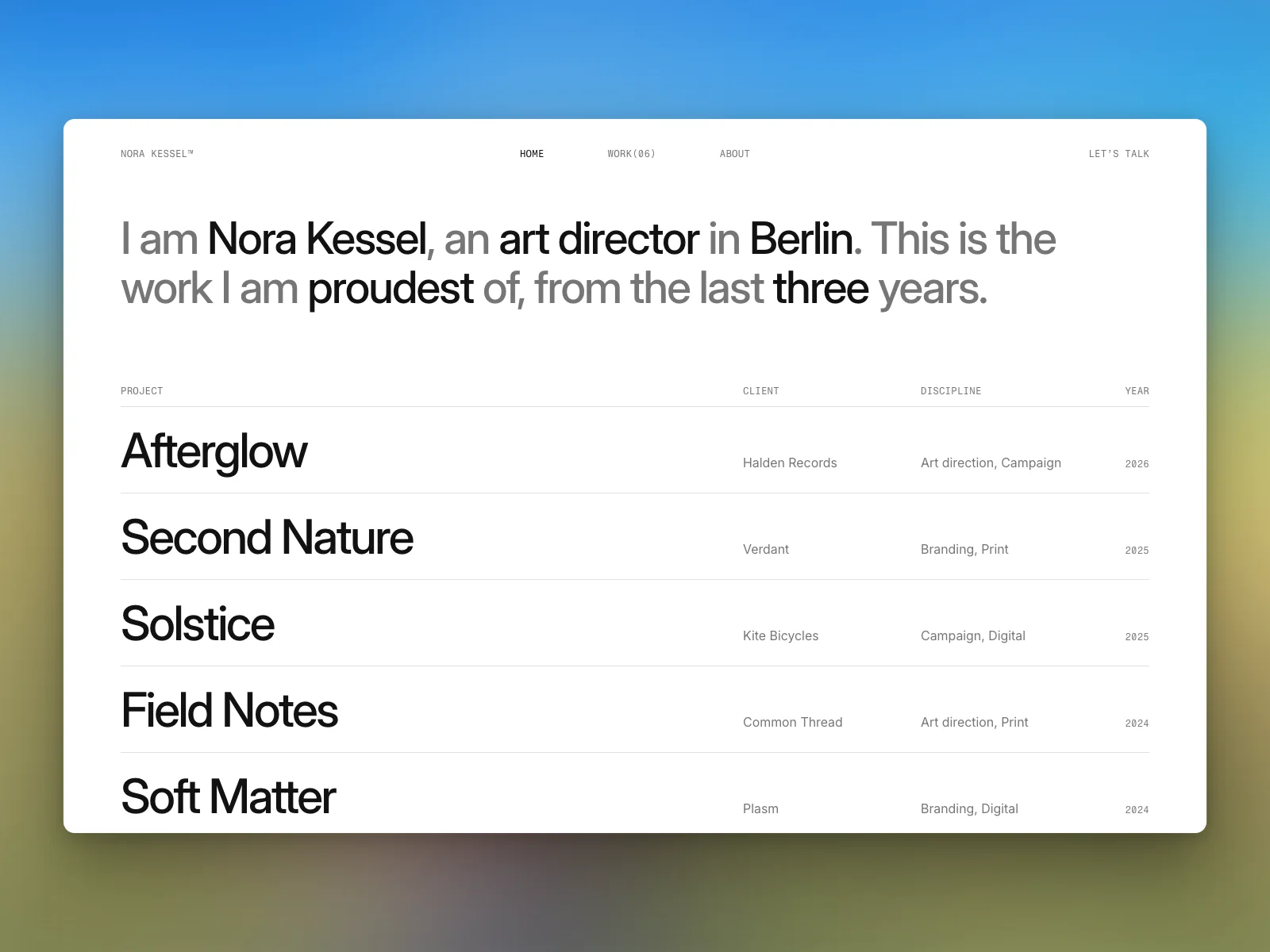 Home: a paragraph in two tones over an index of projects, a row each