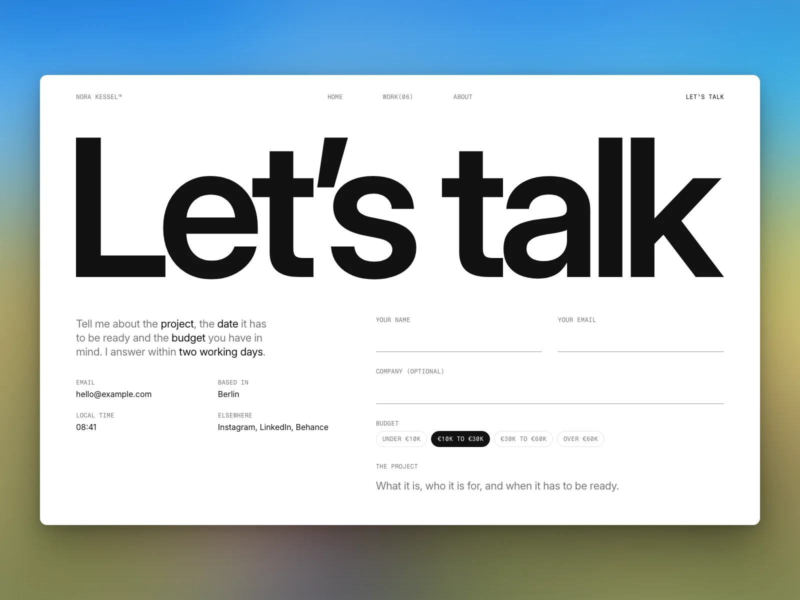 Contact: Let’s talk across the page, the details beside the form