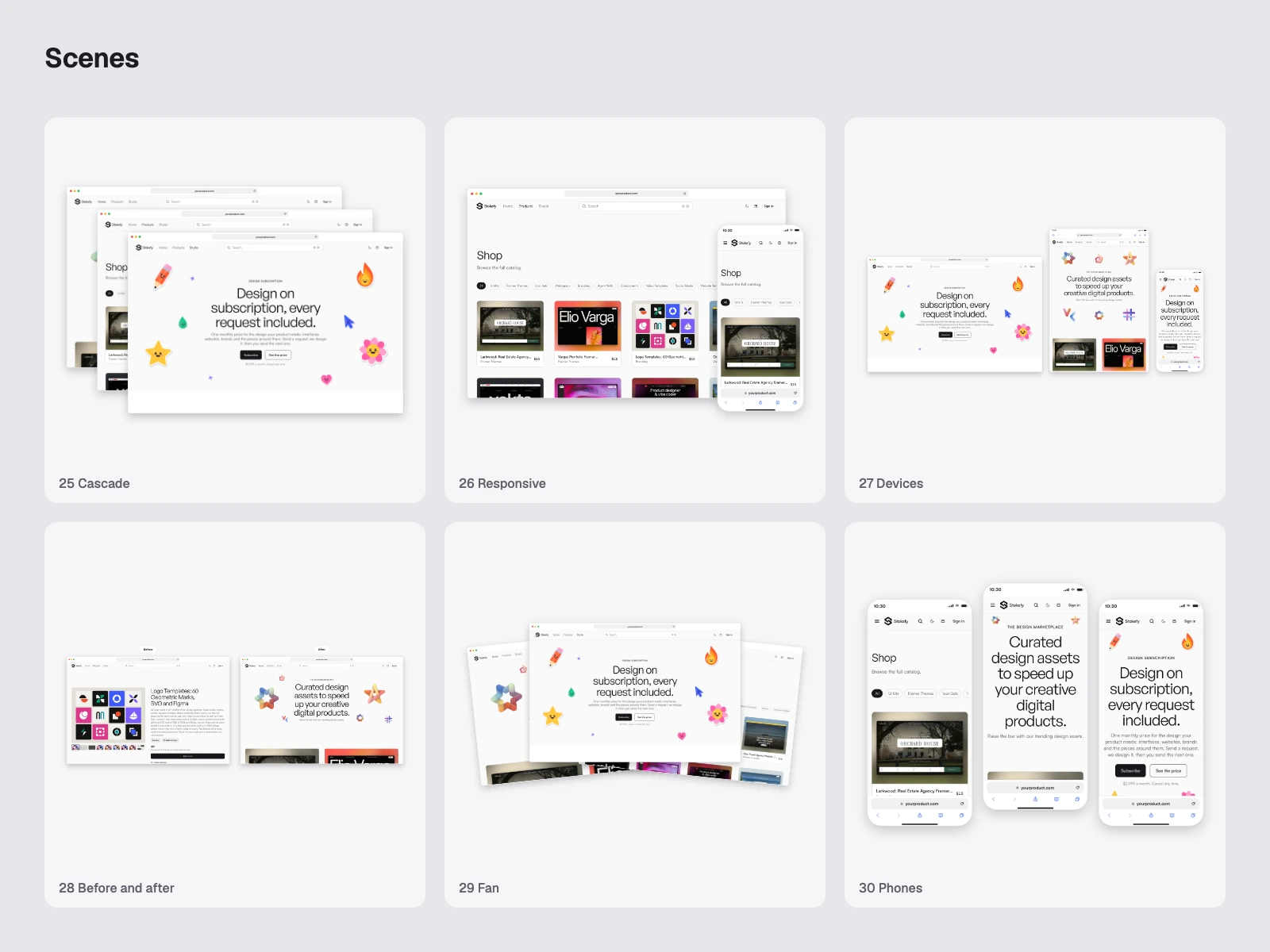 Scenes browser frames in the light theme: Cascade, Responsive, Devices, Before and after, Fan, Phones