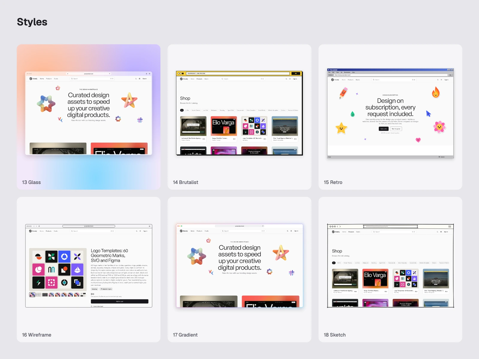 Styles browser frames in the light theme: Glass, Brutalist, Retro, Wireframe, Gradient, Sketch