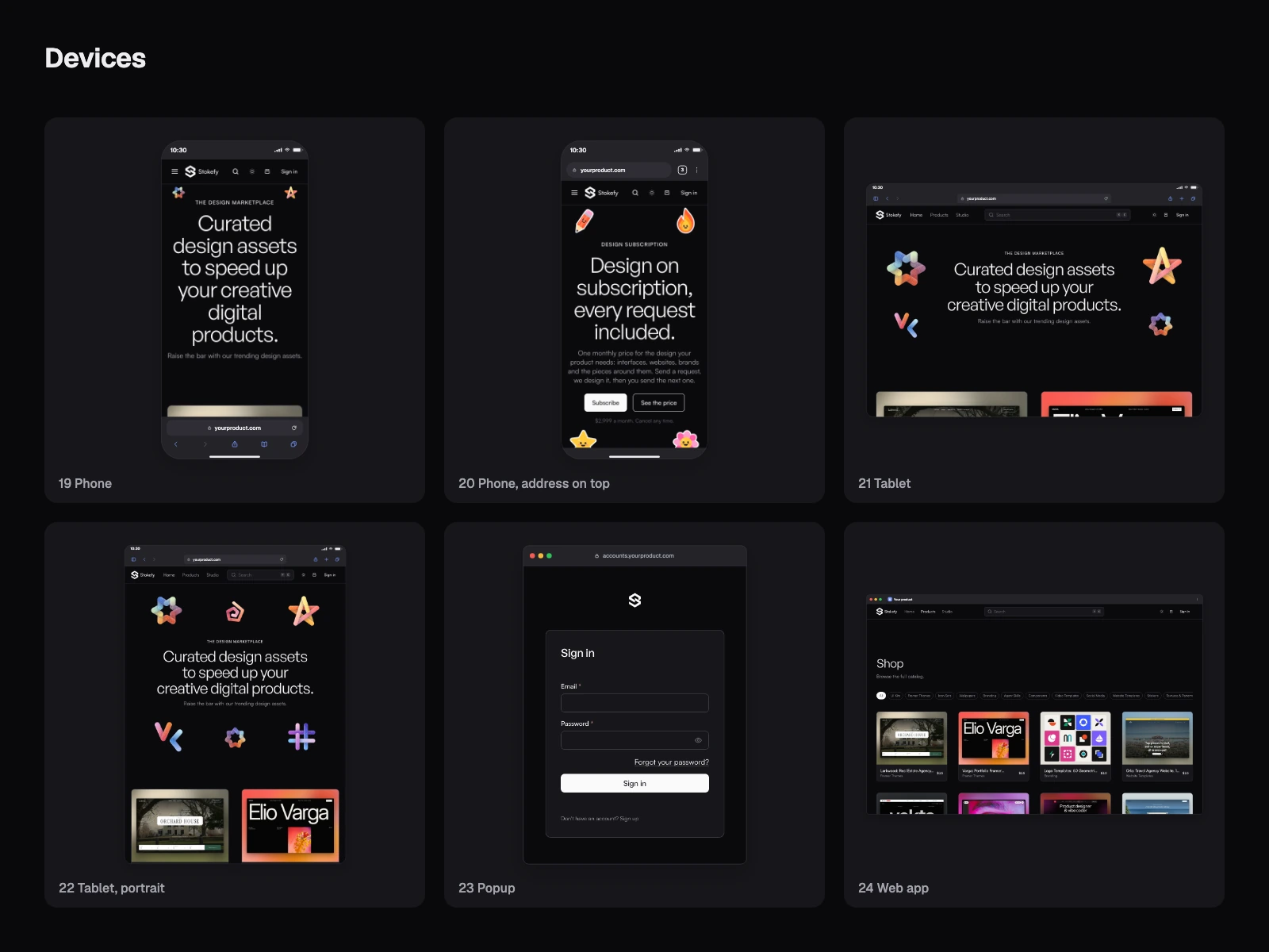 Devices browser frames in the dark theme: Phone, Phone, address on top, Tablet, Tablet, portrait, Popup, Web app