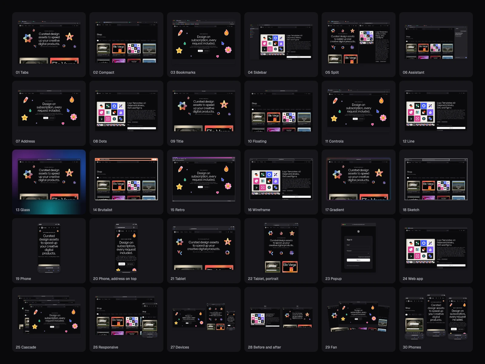 All 30 browser frames in the dark theme