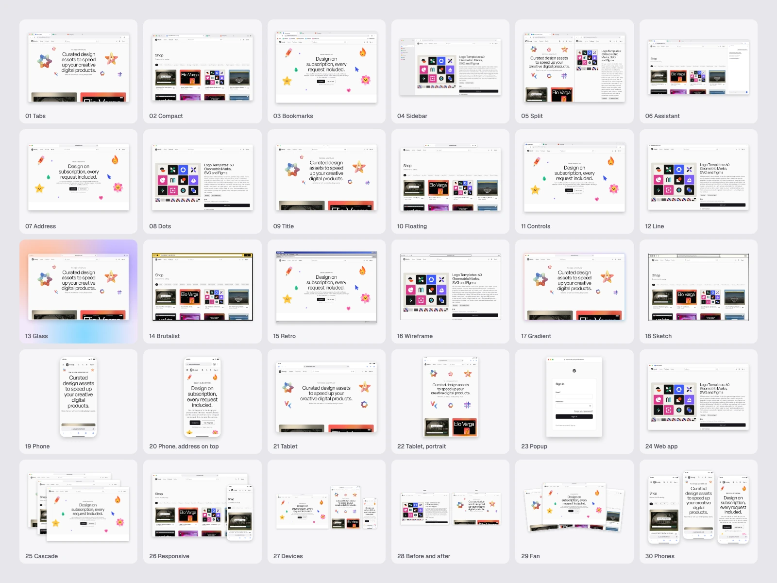 All 30 browser frames in the light theme, a family a row: desktop, minimal, styles, devices and scenes