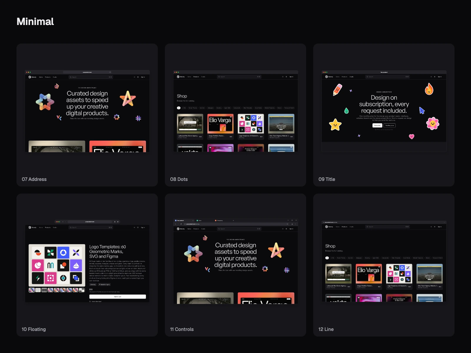 Minimal browser frames in the dark theme: Address, Dots, Title, Floating, Controls, Line