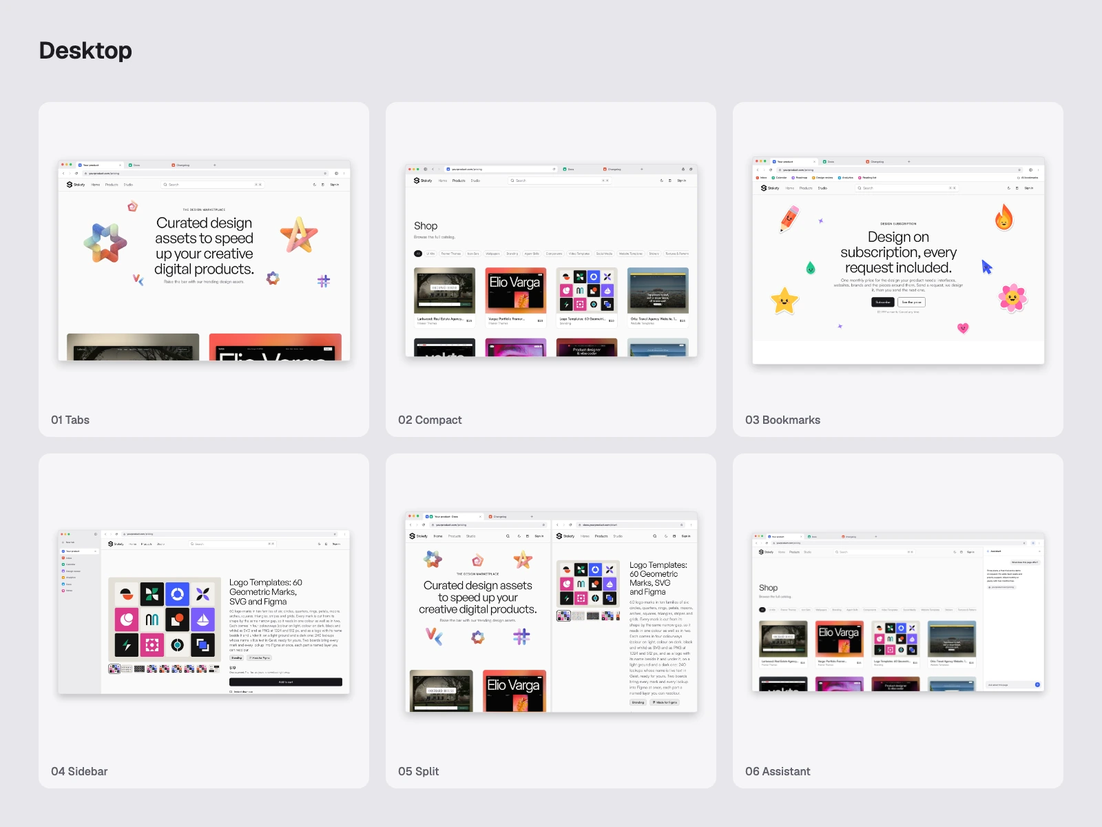 Desktop browser frames in the light theme: Tabs, Compact, Bookmarks, Sidebar, Split, Assistant