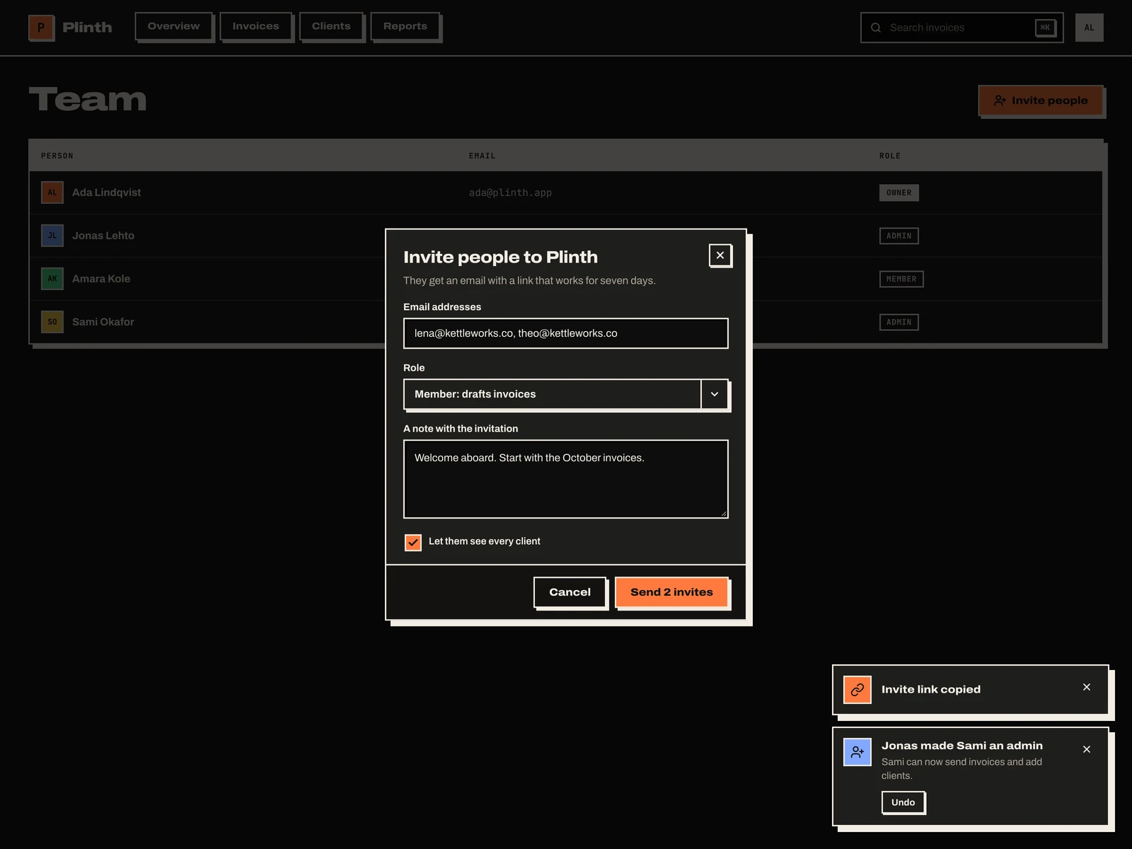 The dialog and the toasts in the dark theme