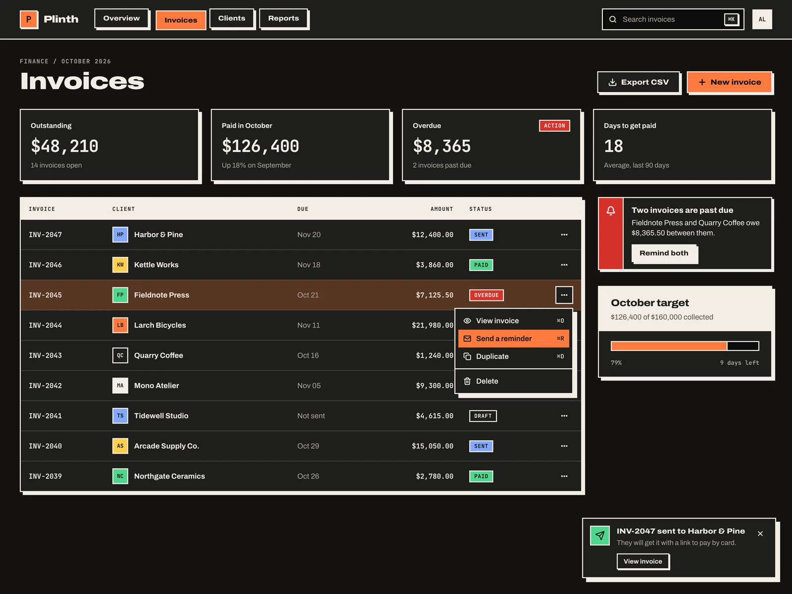An invoicing app in the dark theme: figures on blocks, the table with a row's menu open, an alert and a toast