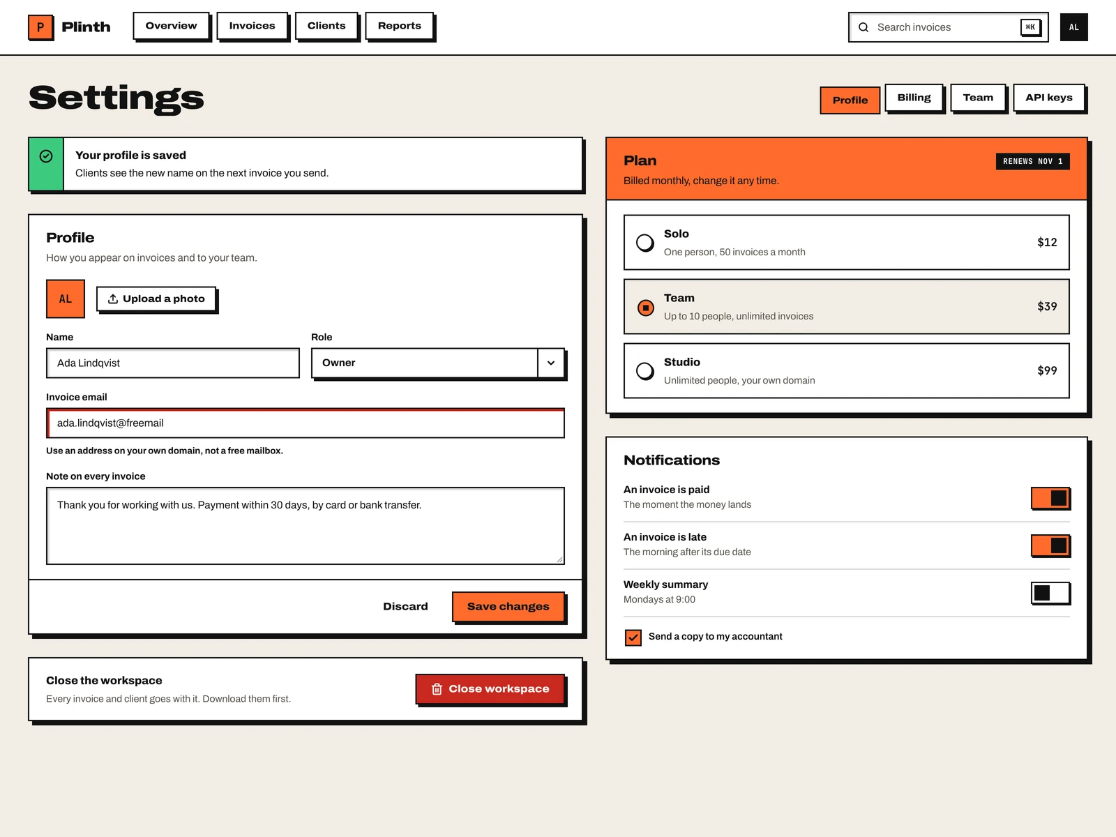 A settings page: a profile form with a field in error, plans as radio rows, notifications as switches