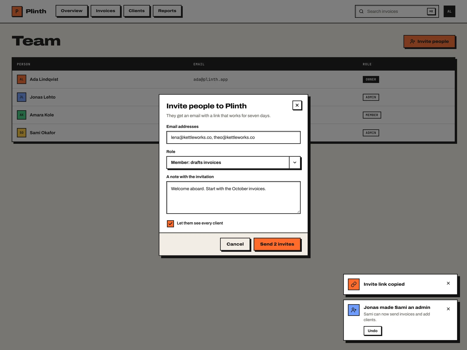 A dialog over the team page and two toasts at the corner