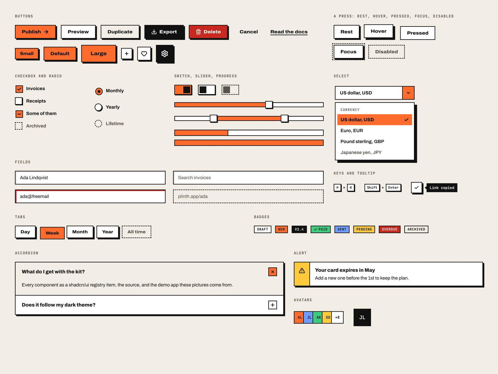 Every control and its states: buttons and the press, checkboxes, radios, switches, sliders, the select open, fields, tabs, badges, keys, an accordion, an alert and avatars