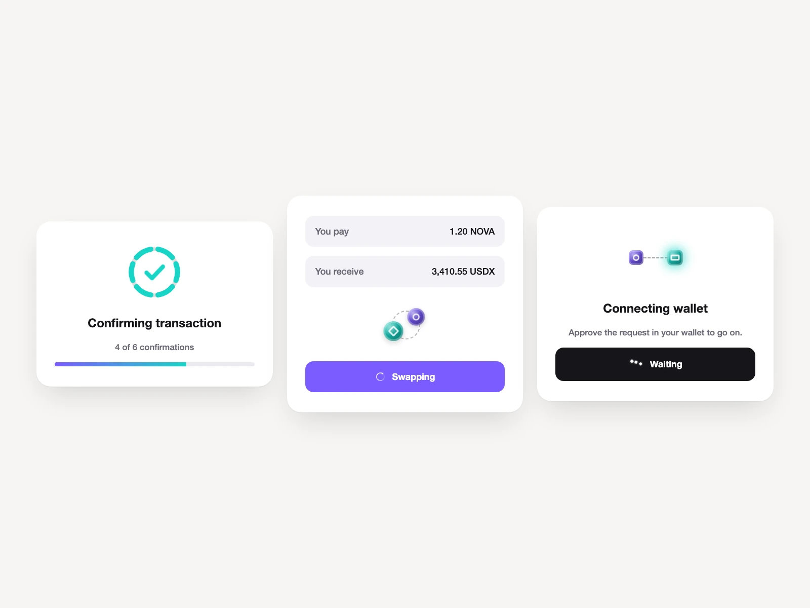 The loaders at work: a transaction confirming, a swap and a wallet connecting