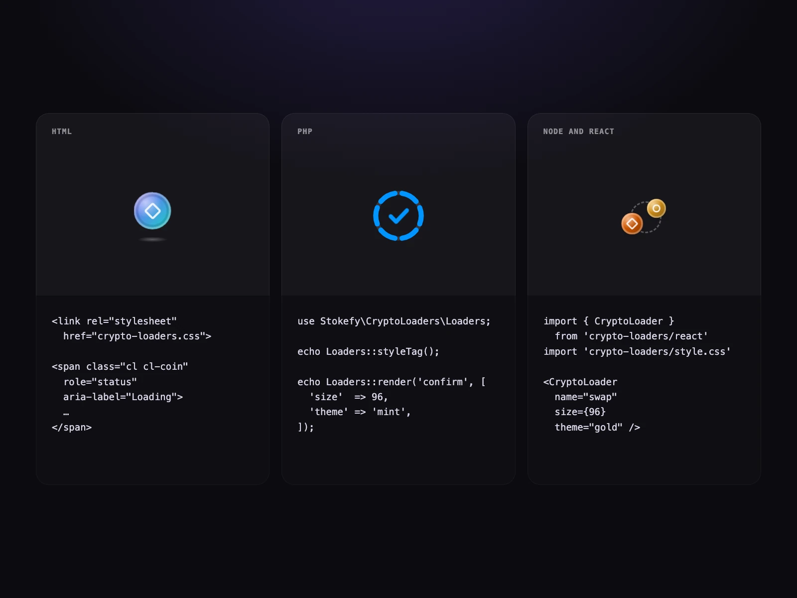 The same loaders in HTML, in PHP and in React, with their code