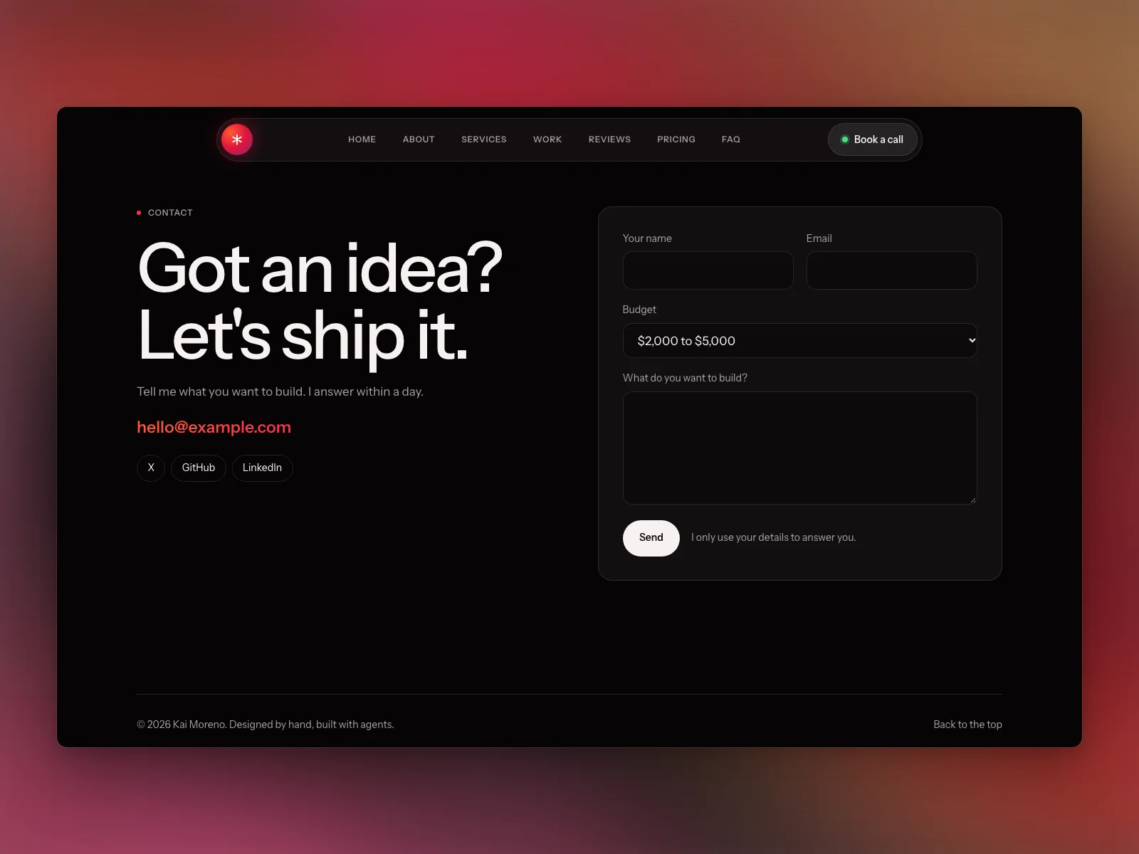 Contact: the call to action and a form that sends on PHP or Node