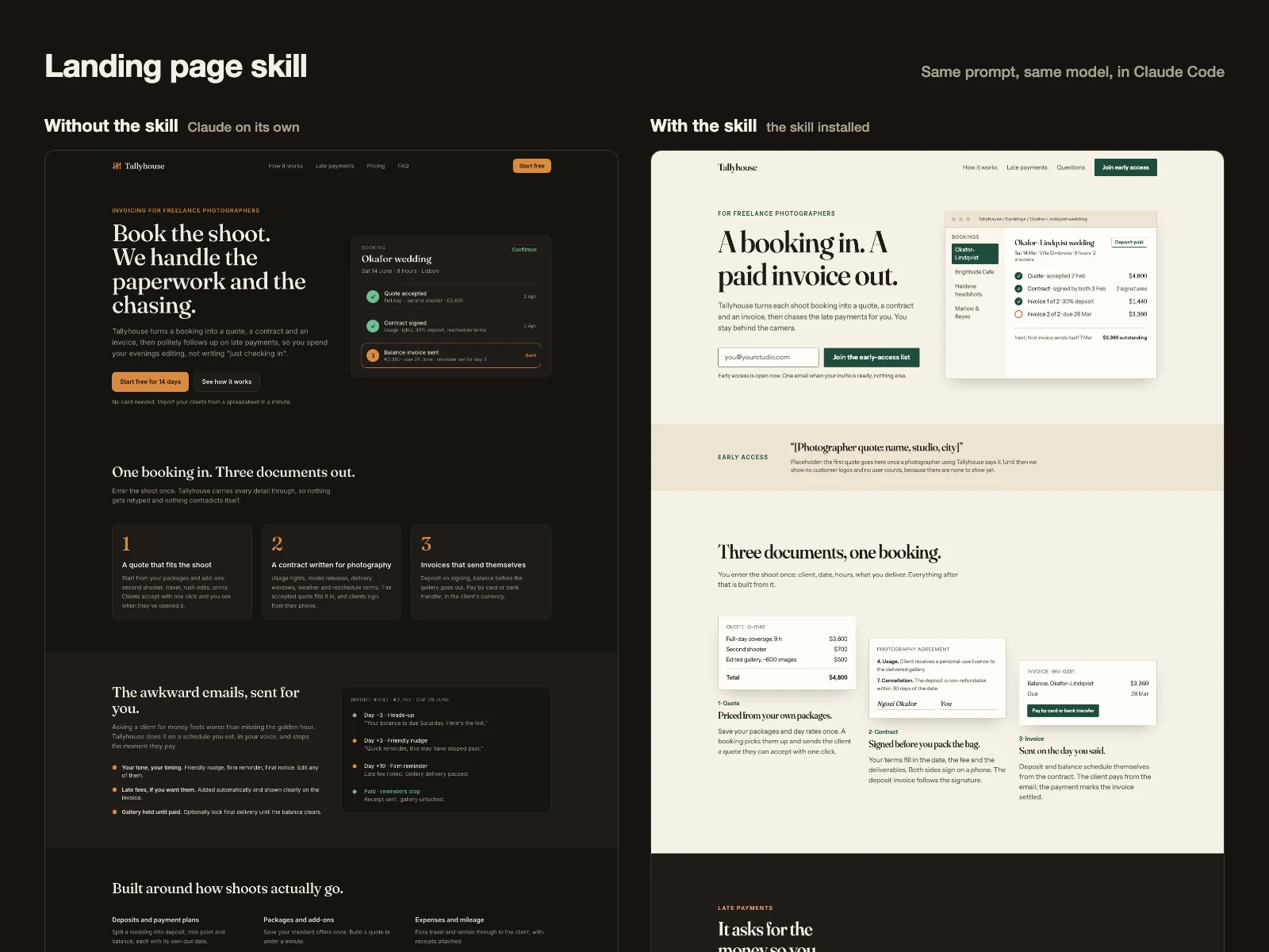 The same landing page prompt in Claude Code, without the landing page skill and with it