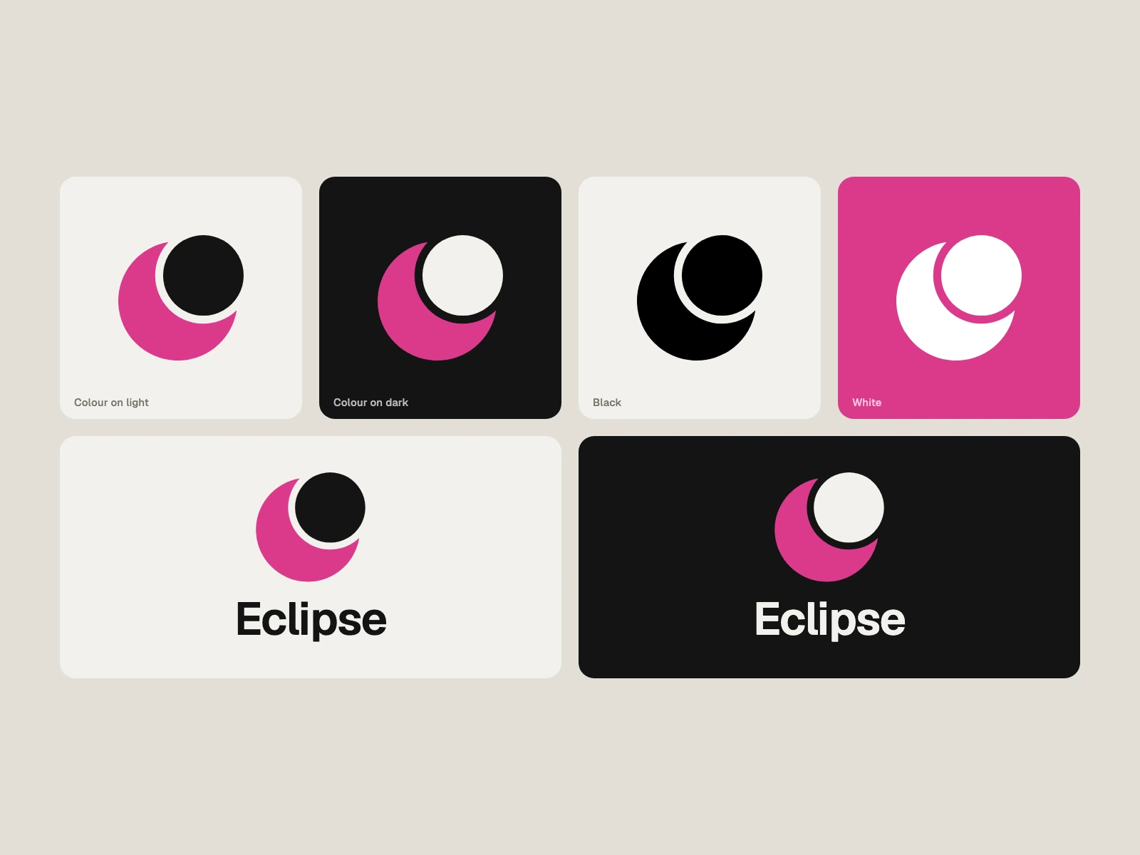 Eclipse in four colourways (colour, dark, black, white) and as a stacked logo